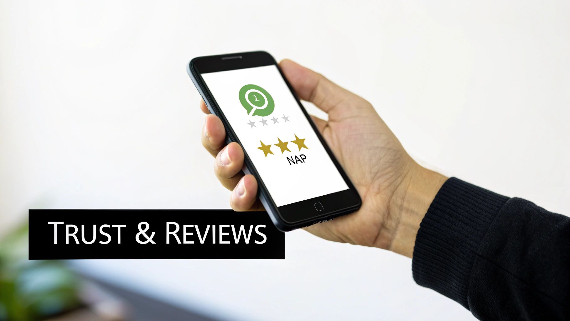 Hand holding smartphone displaying a review app with 3 gold stars and 'TRUST & REVIEWS' banner.