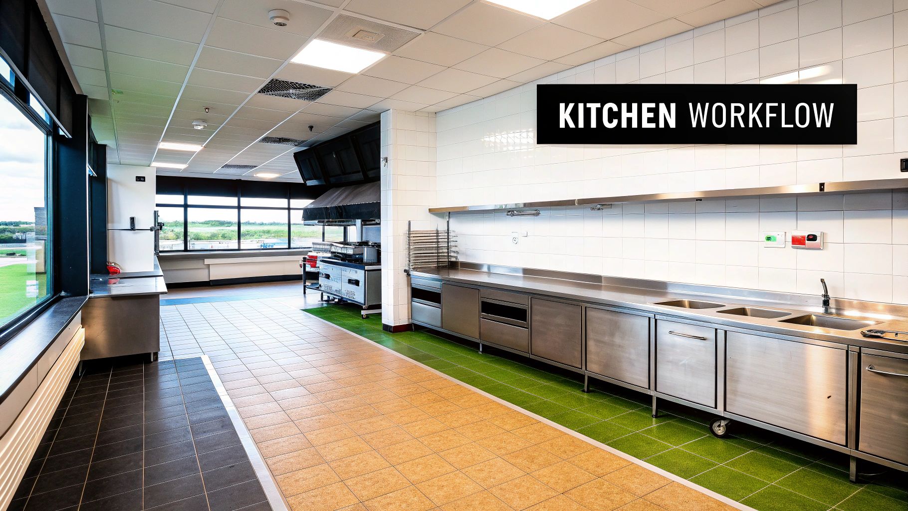 Spacious commercial kitchen with stainless steel countertops, multiple sinks, cooking equipment, and large windows.