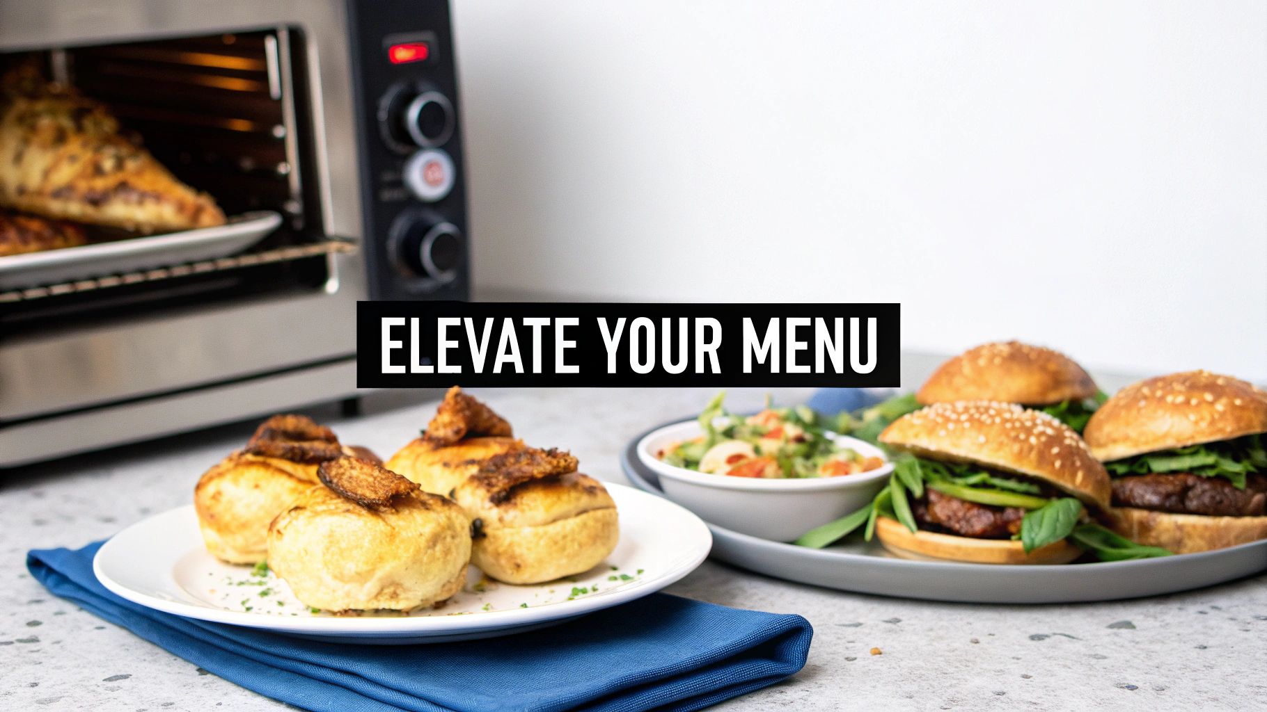 A commercial convection oven with various prepared meals including baked goods, burgers, and salad.