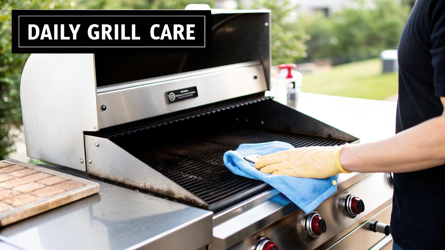 A person in yellow gloves cleans the grates of a stainless steel outdoor grill with a blue cloth.