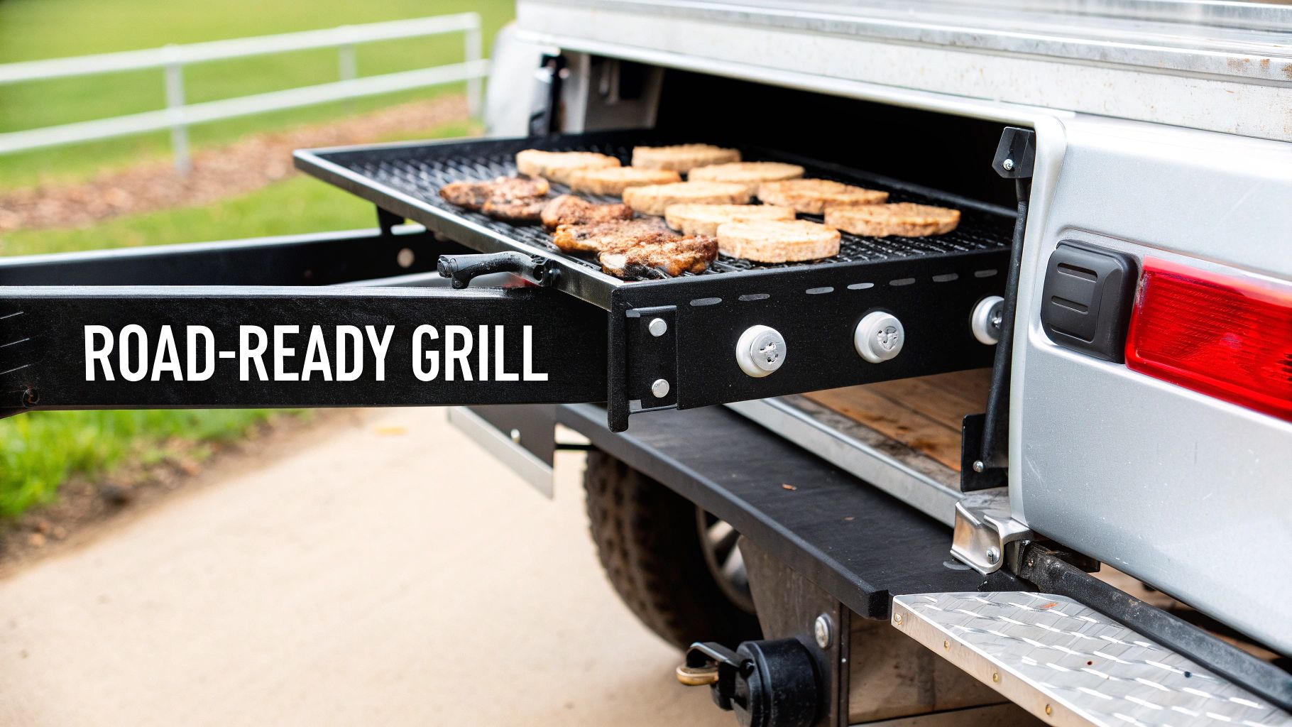 A pull-out, road-ready grill attached to a truck bed cooking grilled meat and toast outdoors.