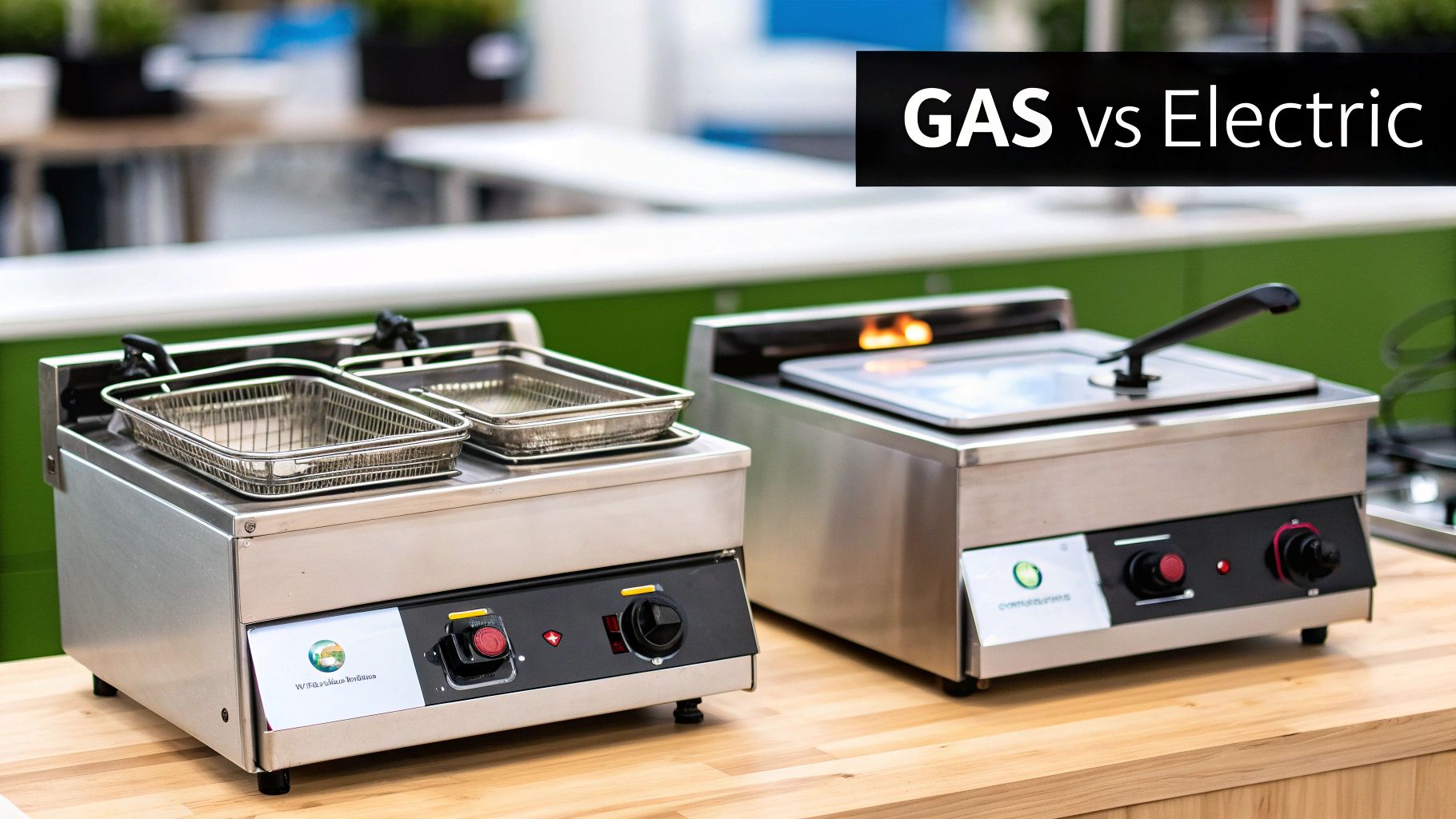 Side-by-side comparison of a gas and electric commercial deep fryer on a kitchen counter.
