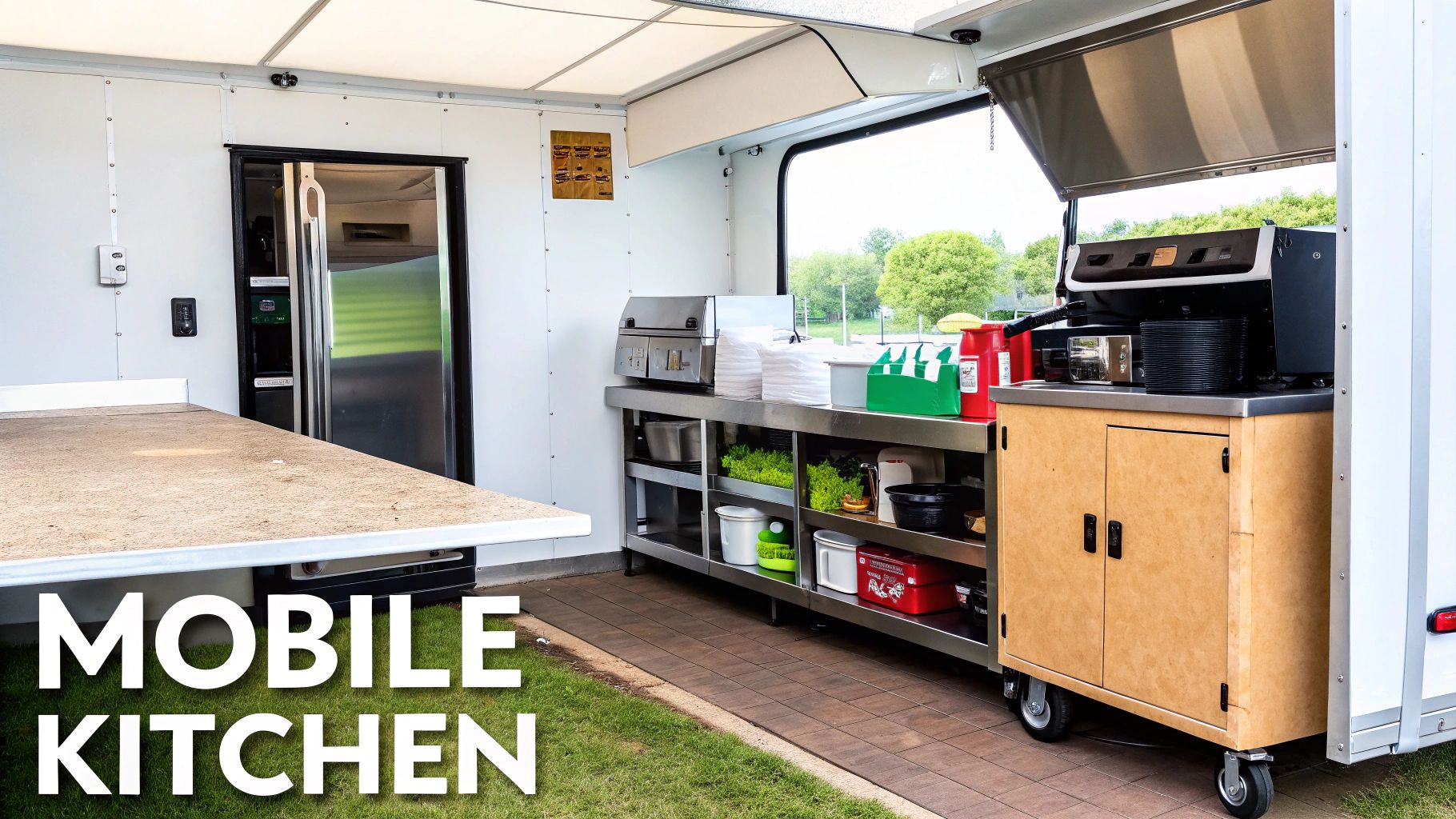 Interior of a mobile kitchen with stainless steel equipment, refrigerator, prep table, and cooking station.