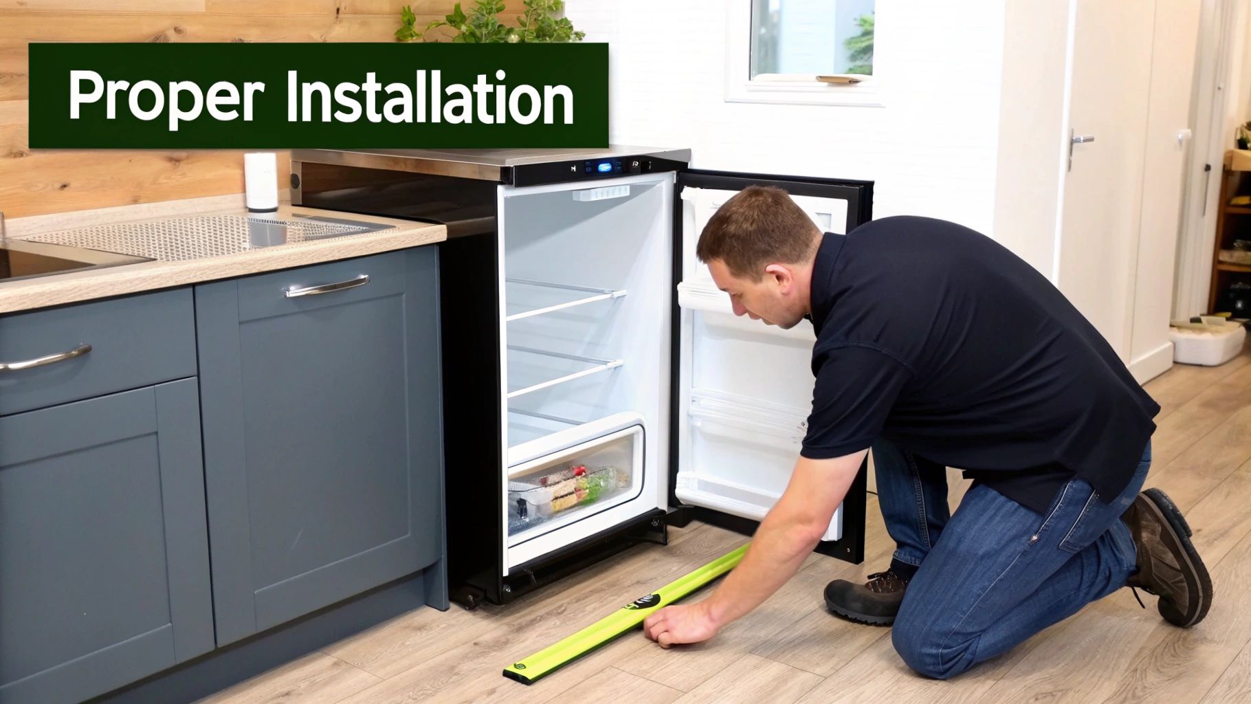 A man kneels to level an under-counter refrigerator with a spirit level in a modern kitchen.
