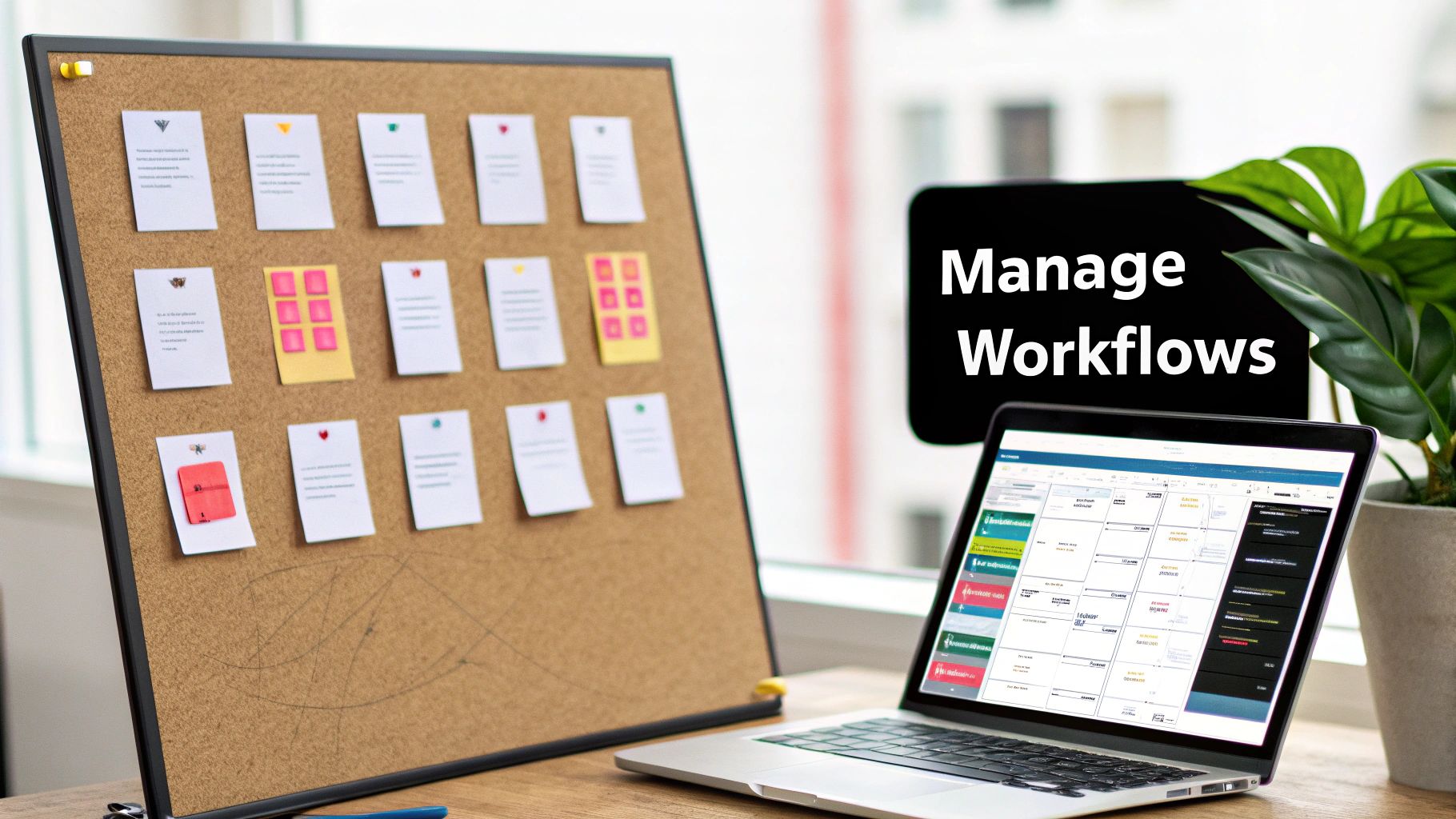 A cork board with notes and a laptop displaying a workflow management tool, symbolizing project organization.