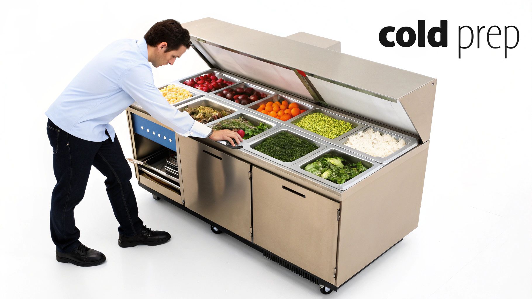 A man prepares food at a stainless steel cold prep table with many fresh ingredients.