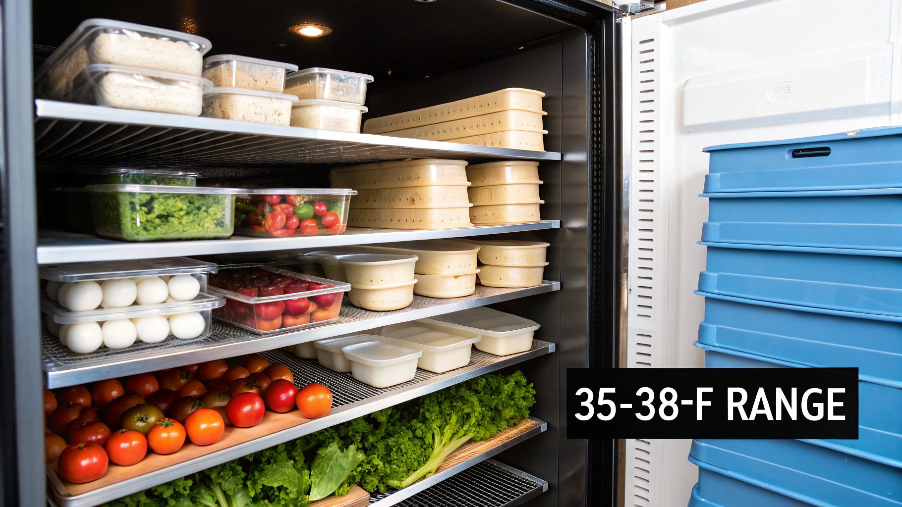 Shelves inside a large refrigerator or walk-in cooler filled with various food items and produce, set to 35-38°F.