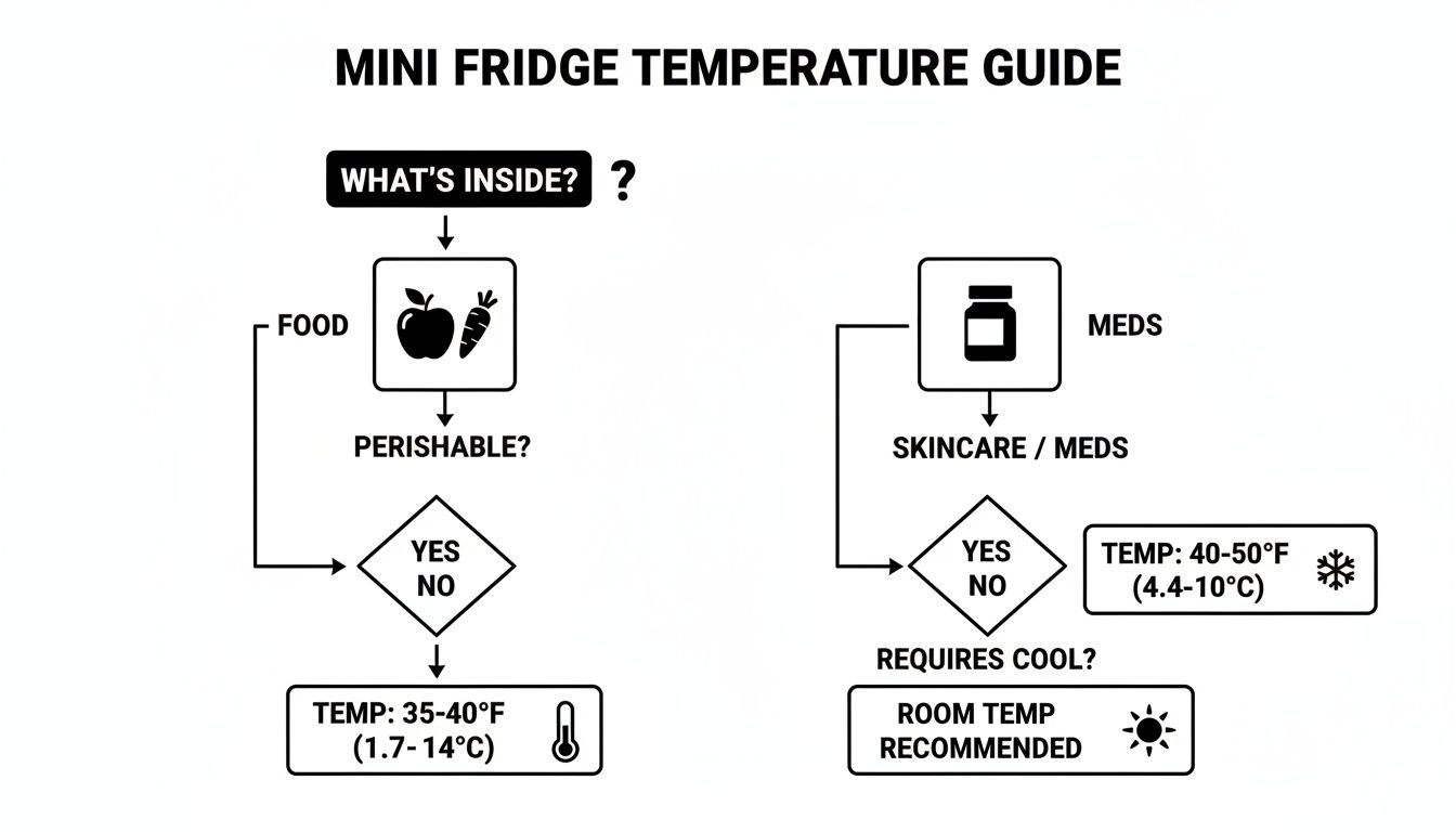 Diagram showing optimal mini fridge temperatures for perishable food, skincare, and medications.