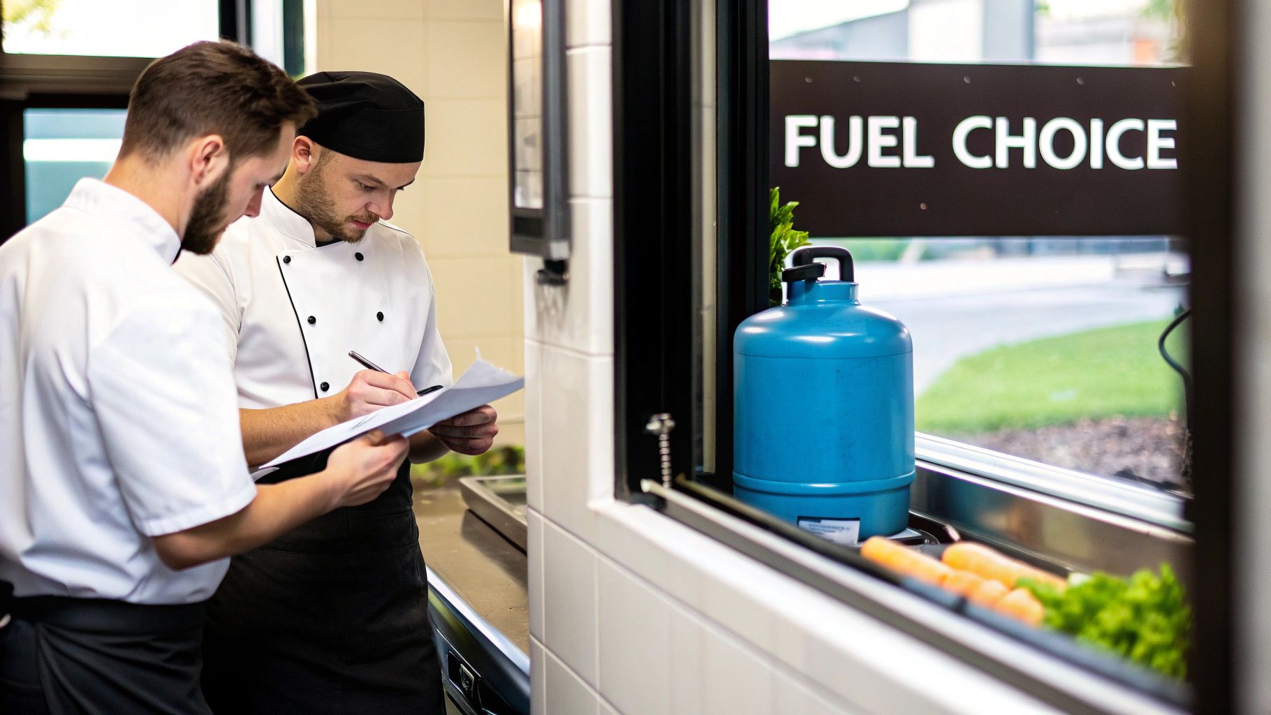 Two chefs review documents in a kitchen, with a blue gas tank and 'FUEL CHOICE' sign visible.
