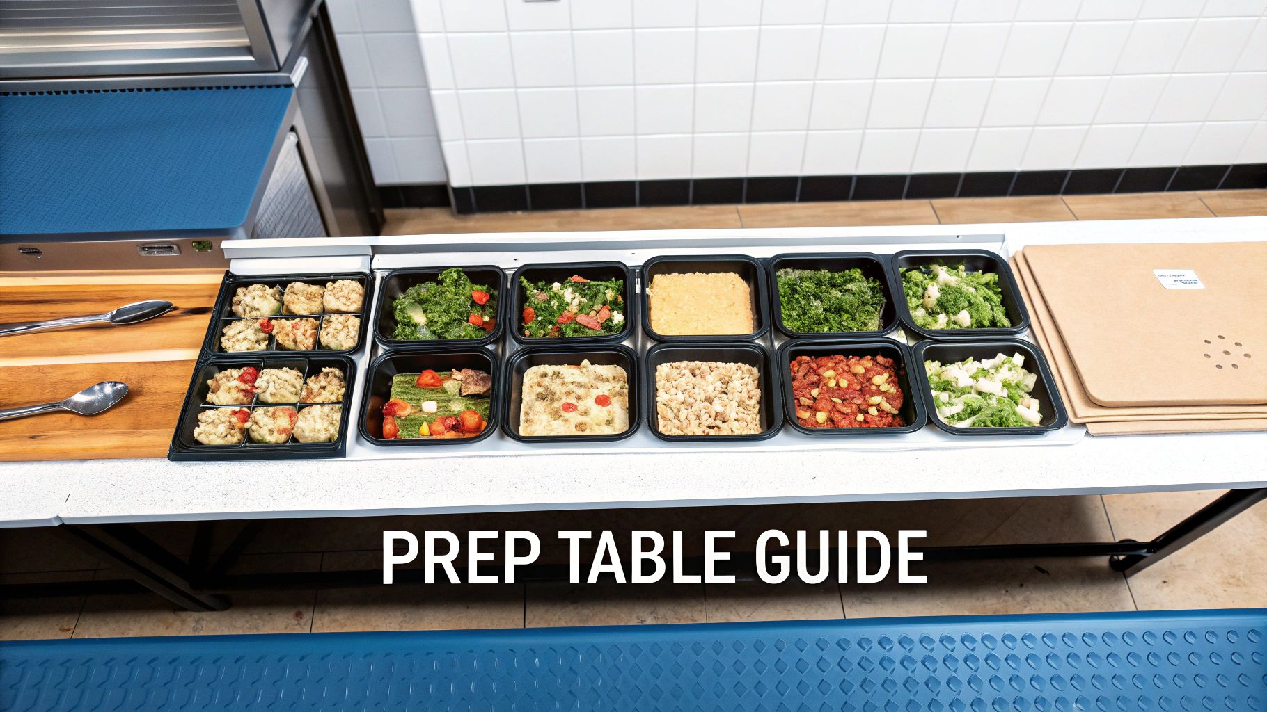 A commercial kitchen prep table with neatly organized containers of fresh food ingredients, utensils, and cutting boards.