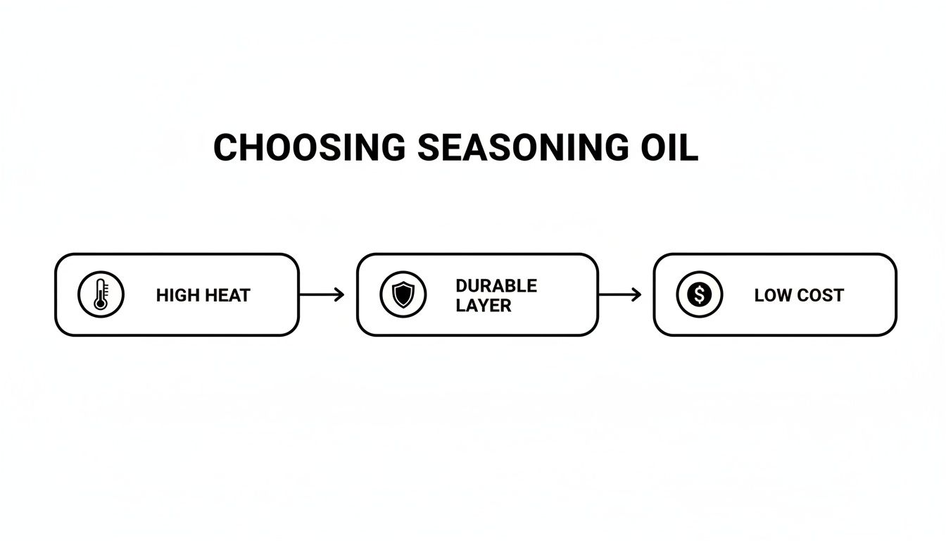Flowchart illustrating the criteria for choosing seasoning oil: high heat, durable layer, and low cost.