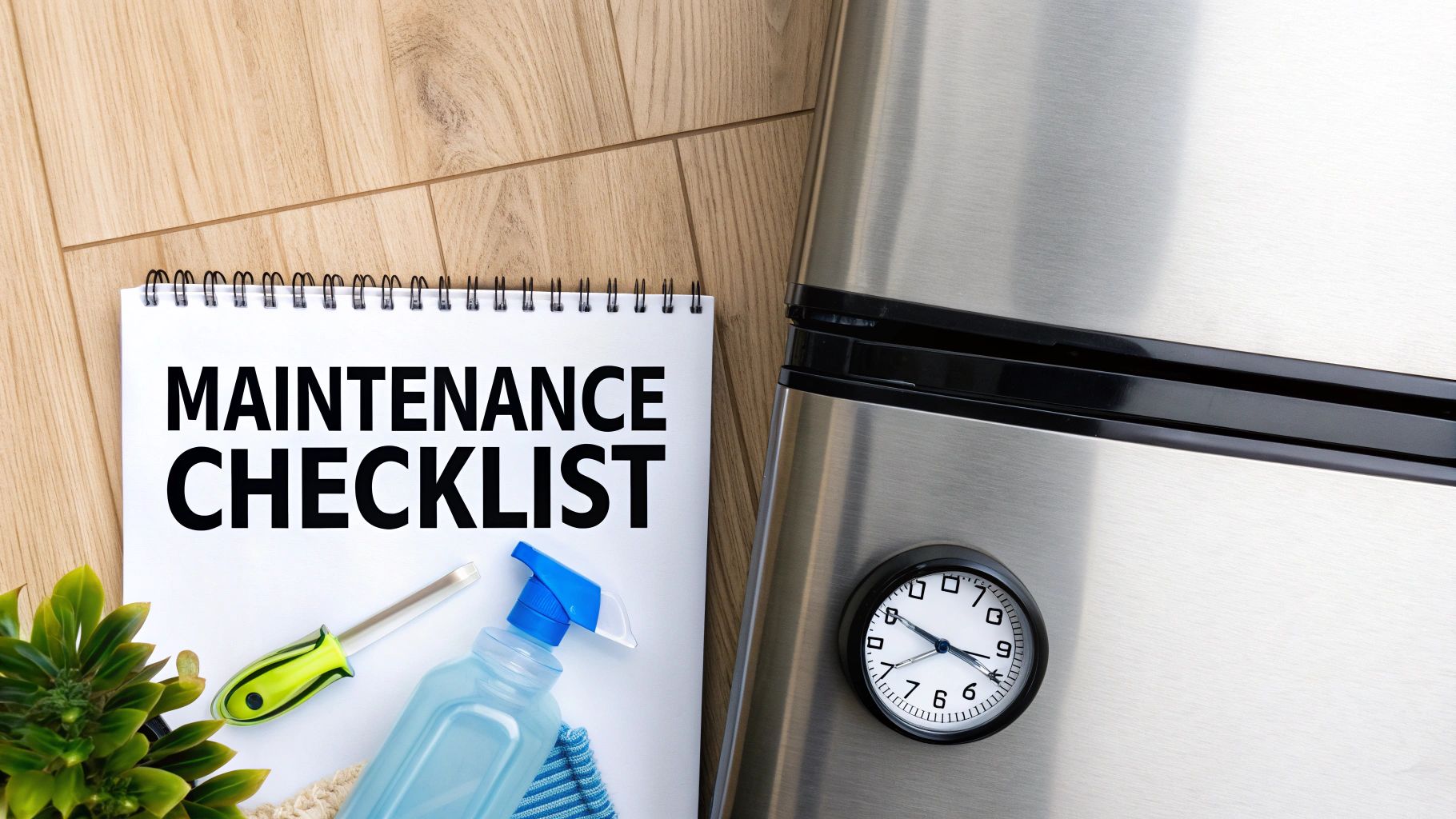 A maintenance checklist notebook, cleaning spray, screwdriver, and plant near a stainless steel appliance.