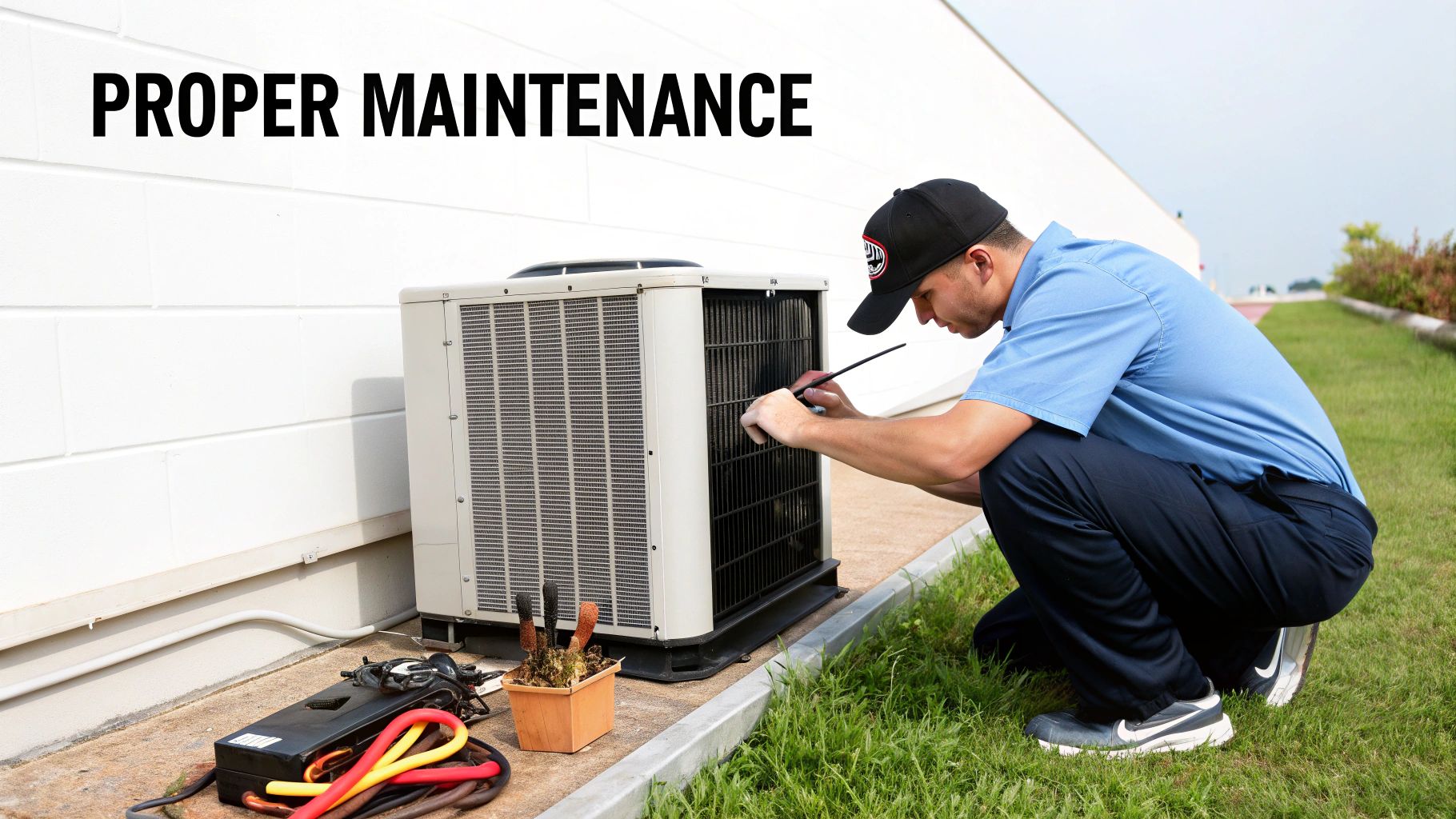 A technician performs proper maintenance on an outdoor air conditioning unit, with tools nearby.