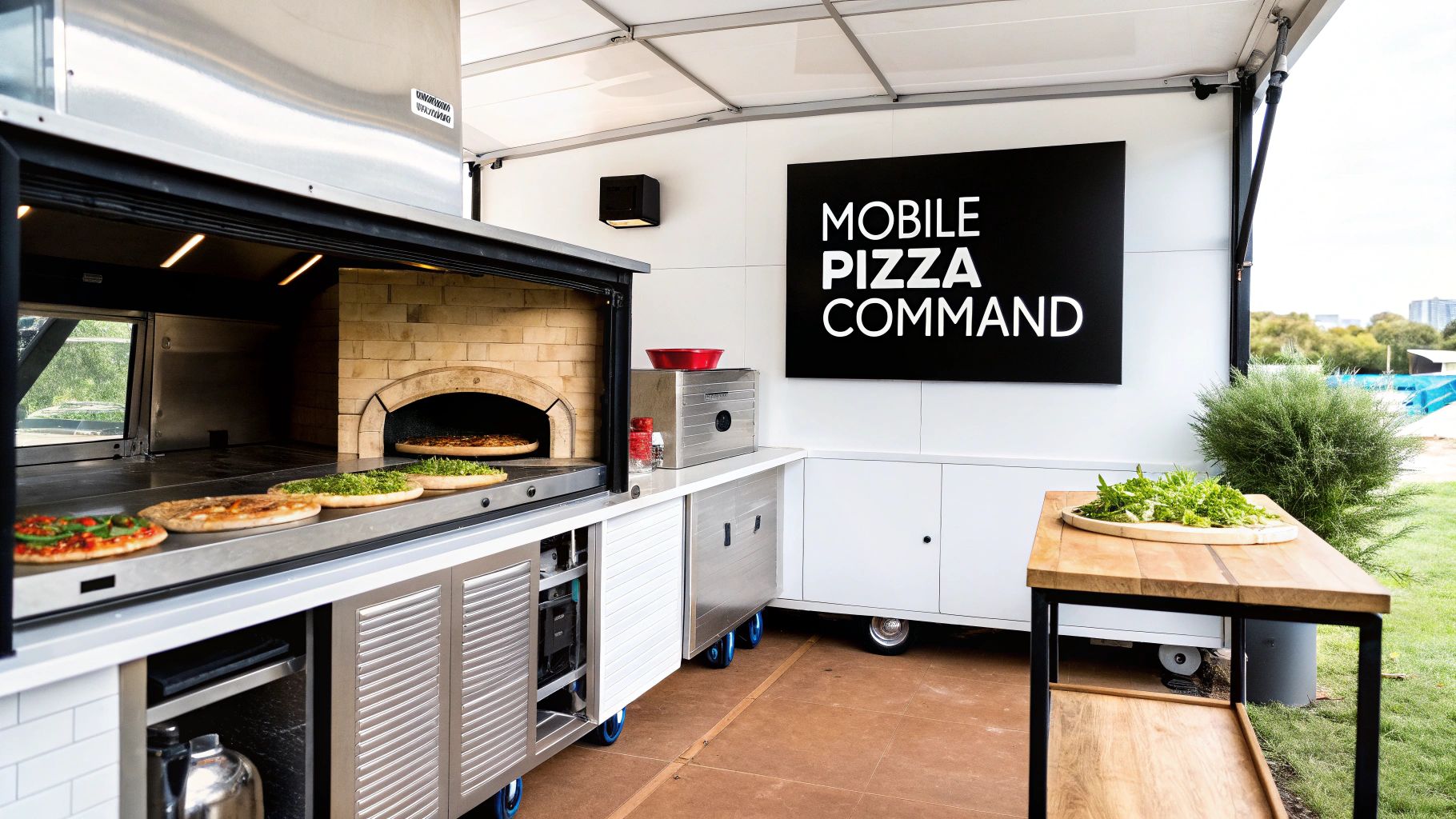A mobile pizza kitchen with a brick oven, multiple pizzas, and fresh greens on a counter.