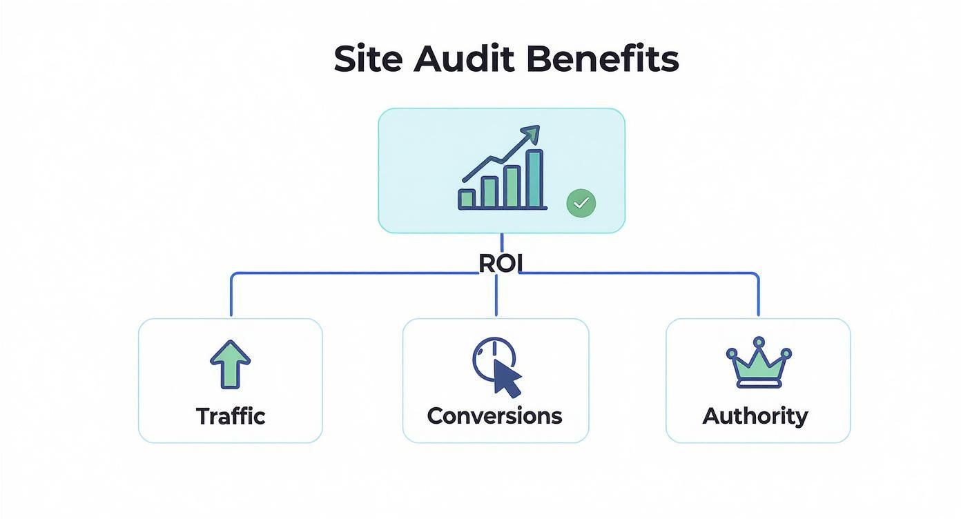 Diagram illustrating site audit benefits: increased ROI, traffic, conversions, and authority.