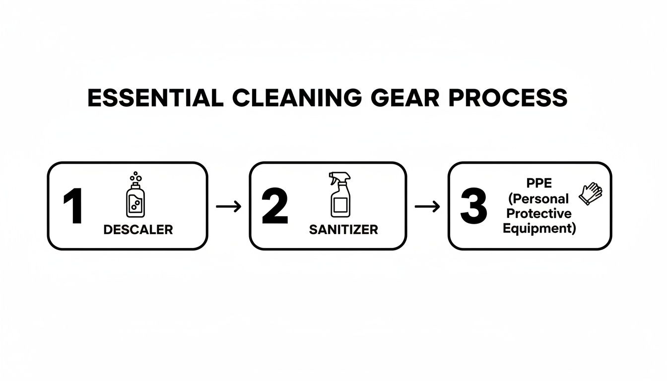 Three-step essential cleaning process for equipment, including descaler, sanitizer, and personal protective equipment (PPE).