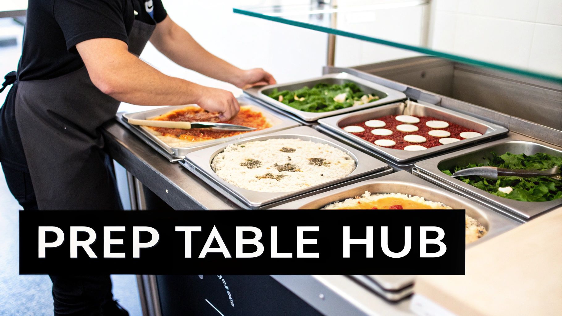 A chef prepares pizzas and salads on a stainless steel prep table in a commercial kitchen.