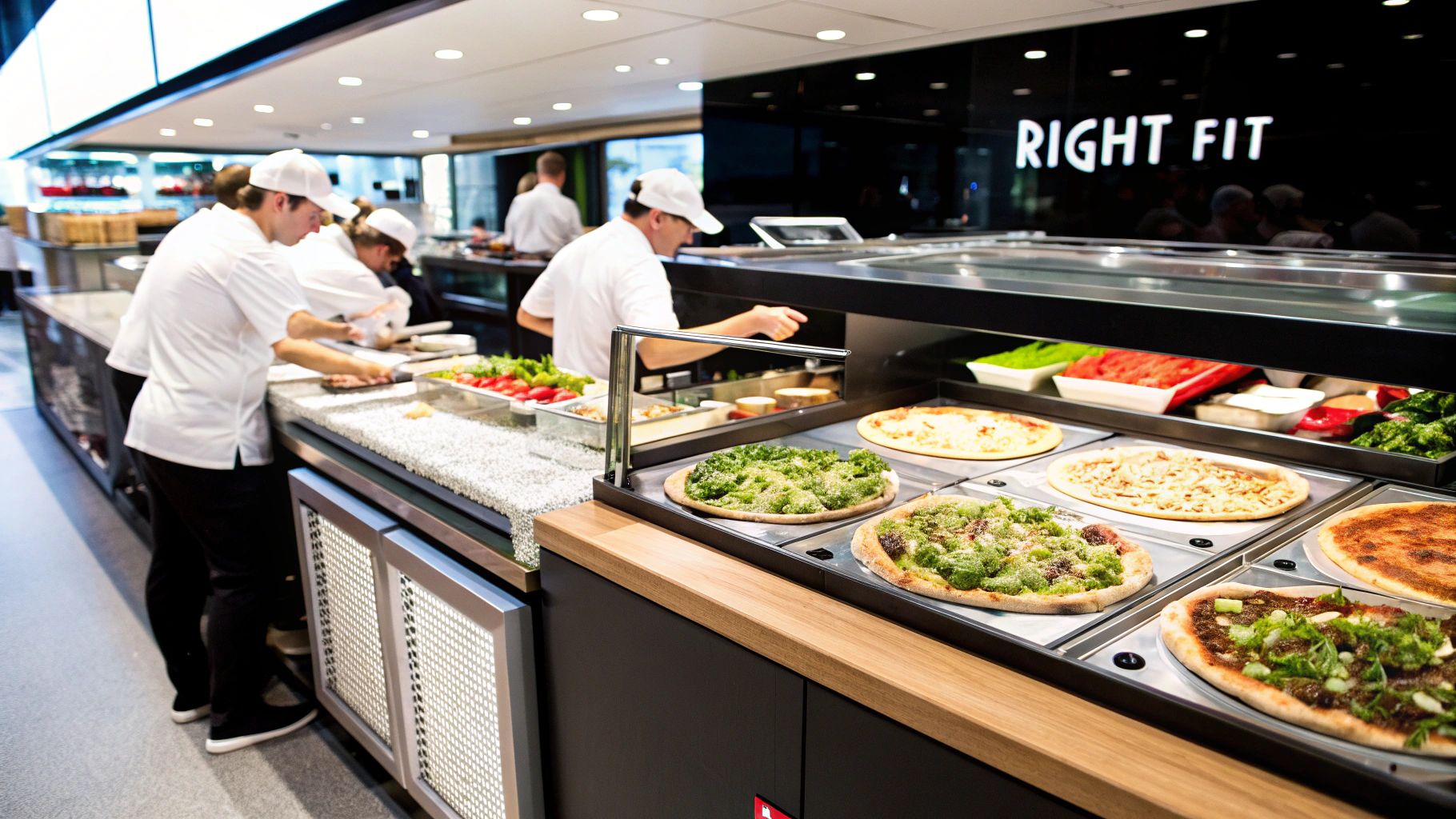 A commercial pizza prep table with an under counter refrigerator, showing organized ingredient containers on top.