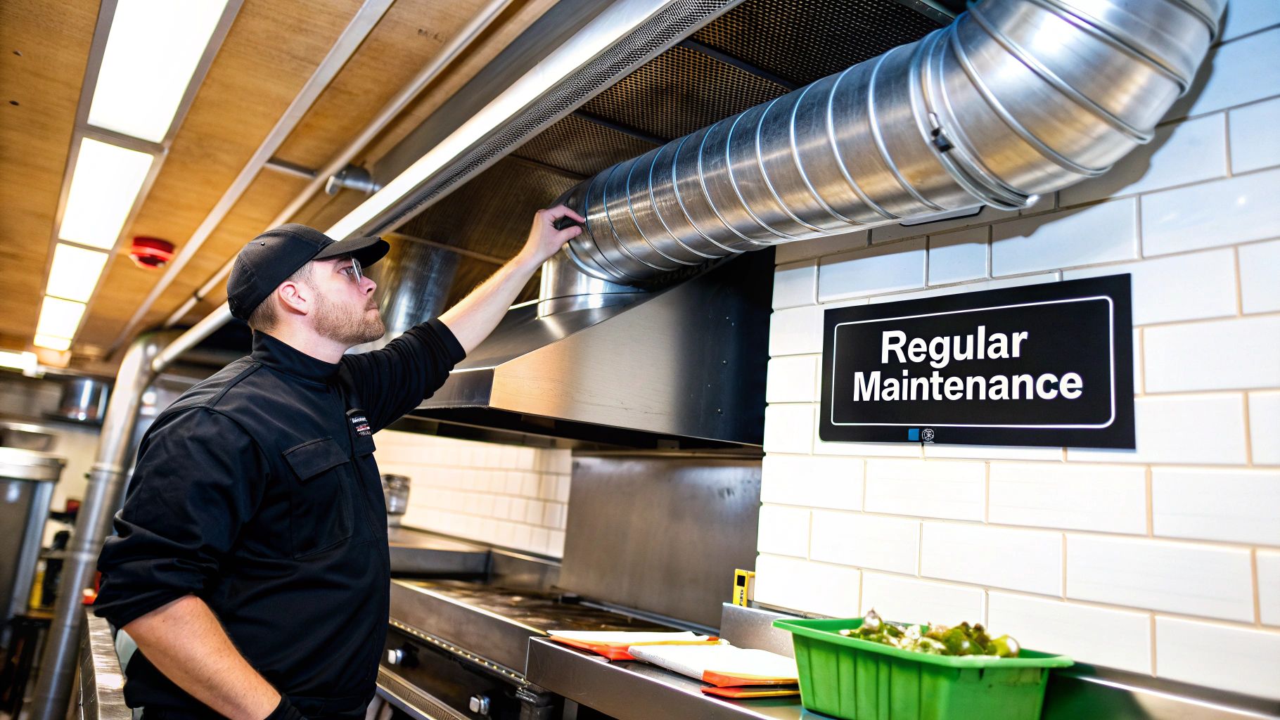 A maintenance worker inspecting a commercial kitchen ventilation system on a rooftop.
