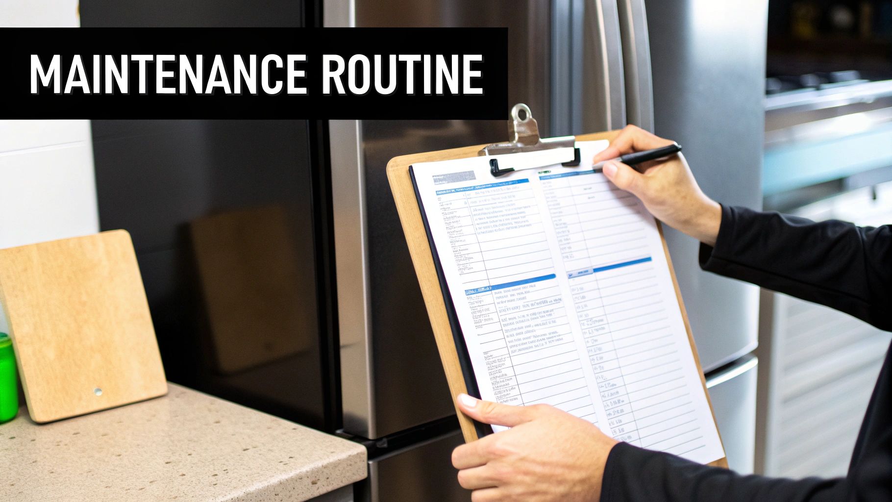 Hands marking a maintenance routine checklist on a clipboard in a kitchen setting with a refrigerator.
