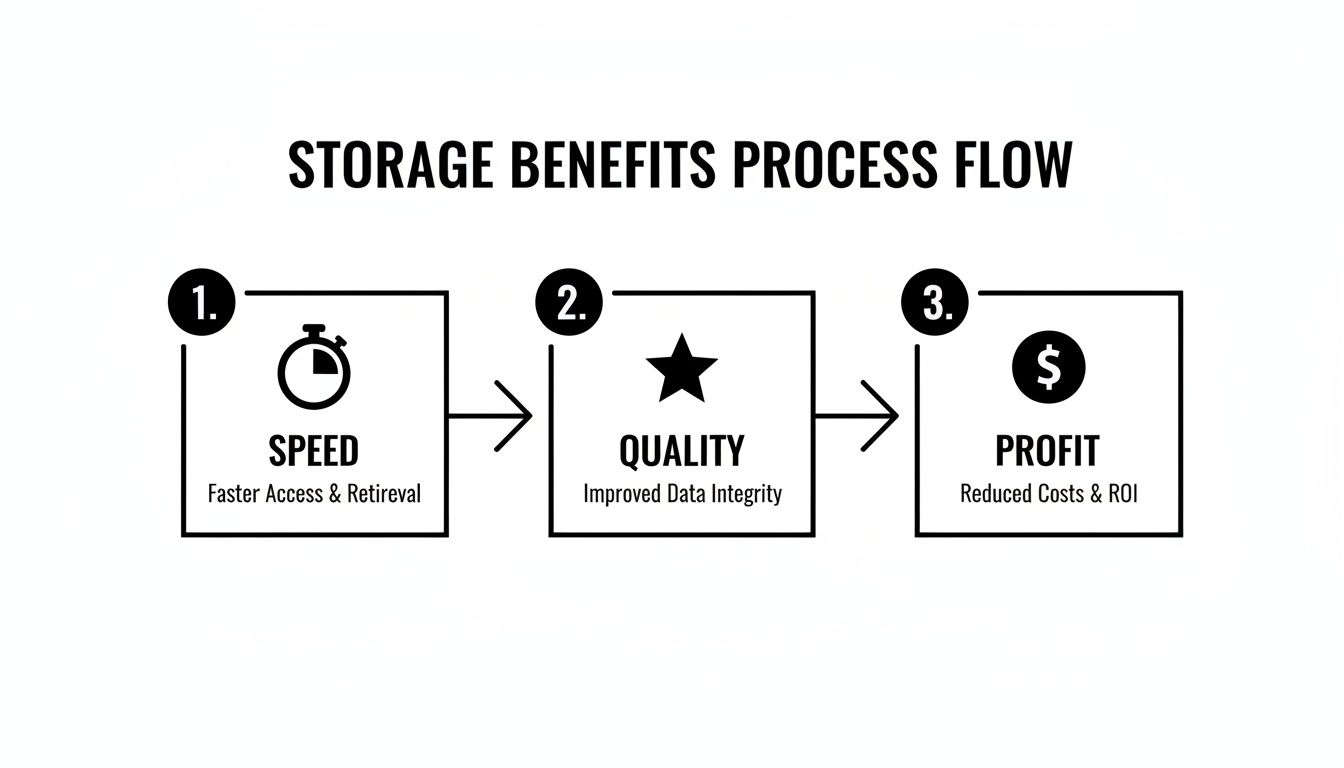 A process flow diagram illustrates storage benefits: speed, quality, and profit with respective icons.