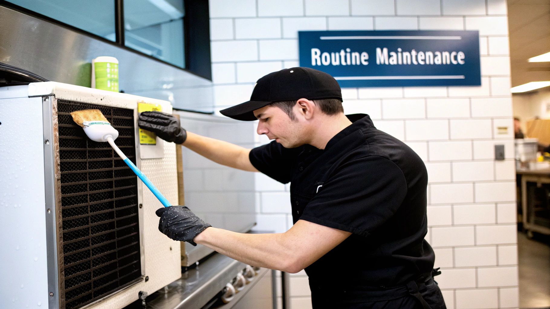 A technician performing maintenance on a commercial ice machine.
