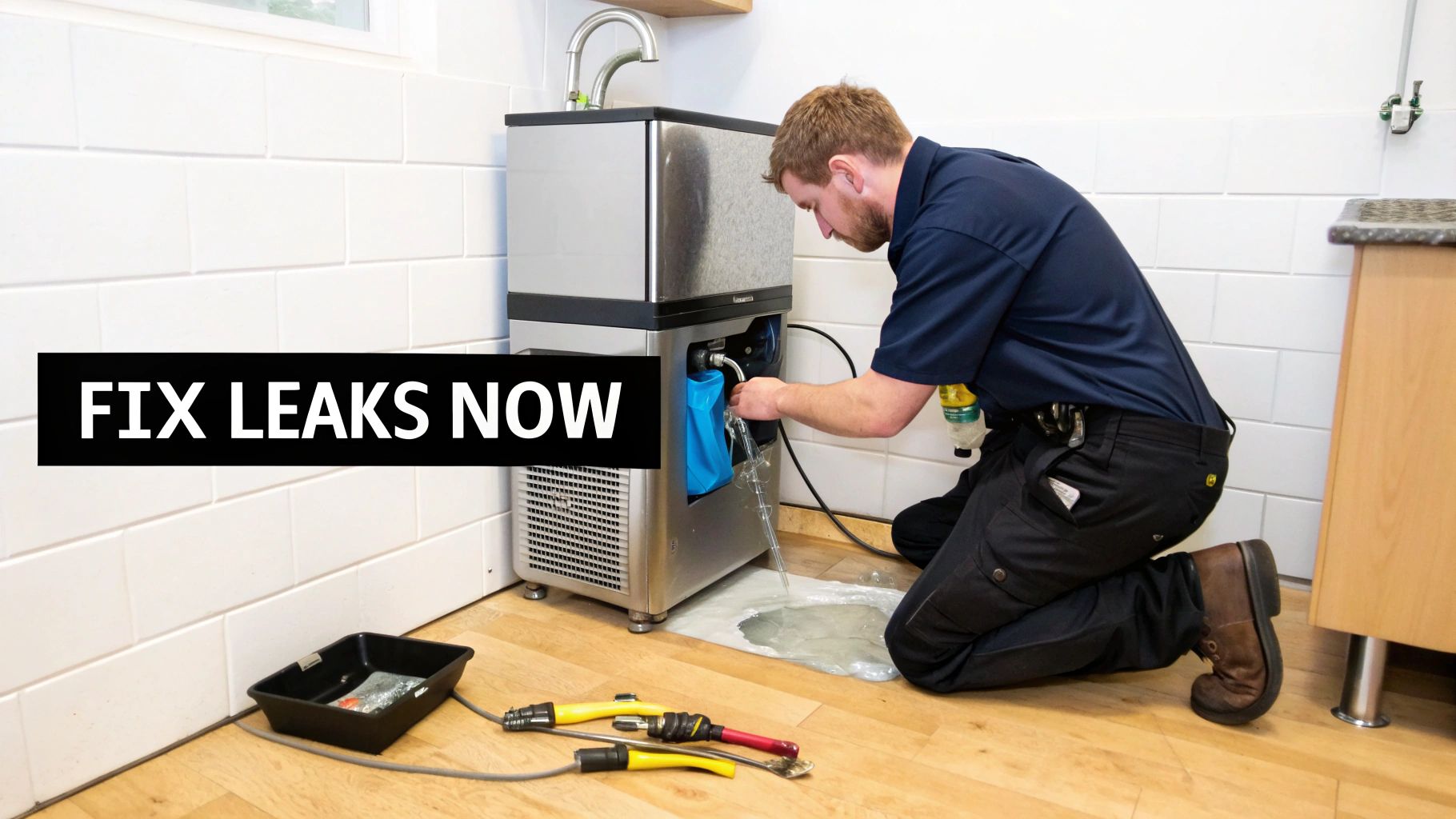 A man repairs a leaking ice machine, with water pooling on the floor and a 'FIX LEAKS NOW' overlay.