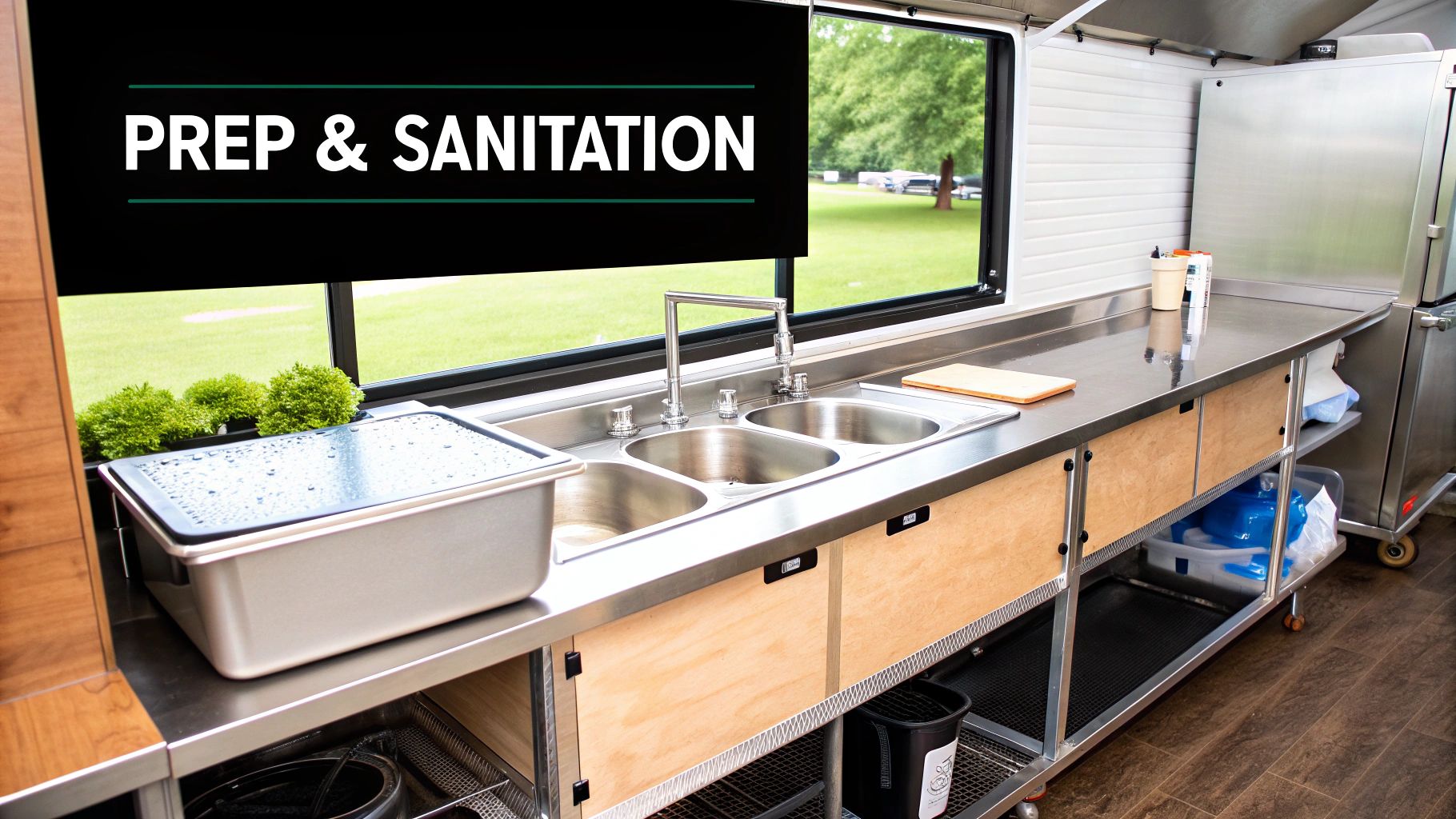 Food truck kitchen interior with stainless steel counters, triple sink, and a 'PREP & SANITATION' sign.