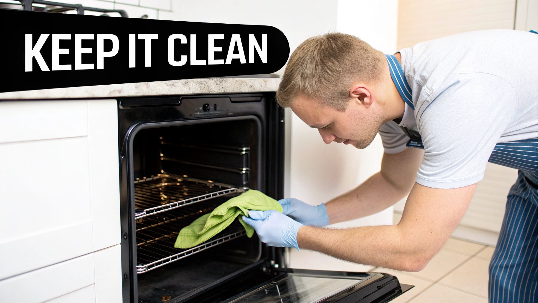 A man in an apron and blue gloves meticulously cleans the interior of a kitchen oven.
