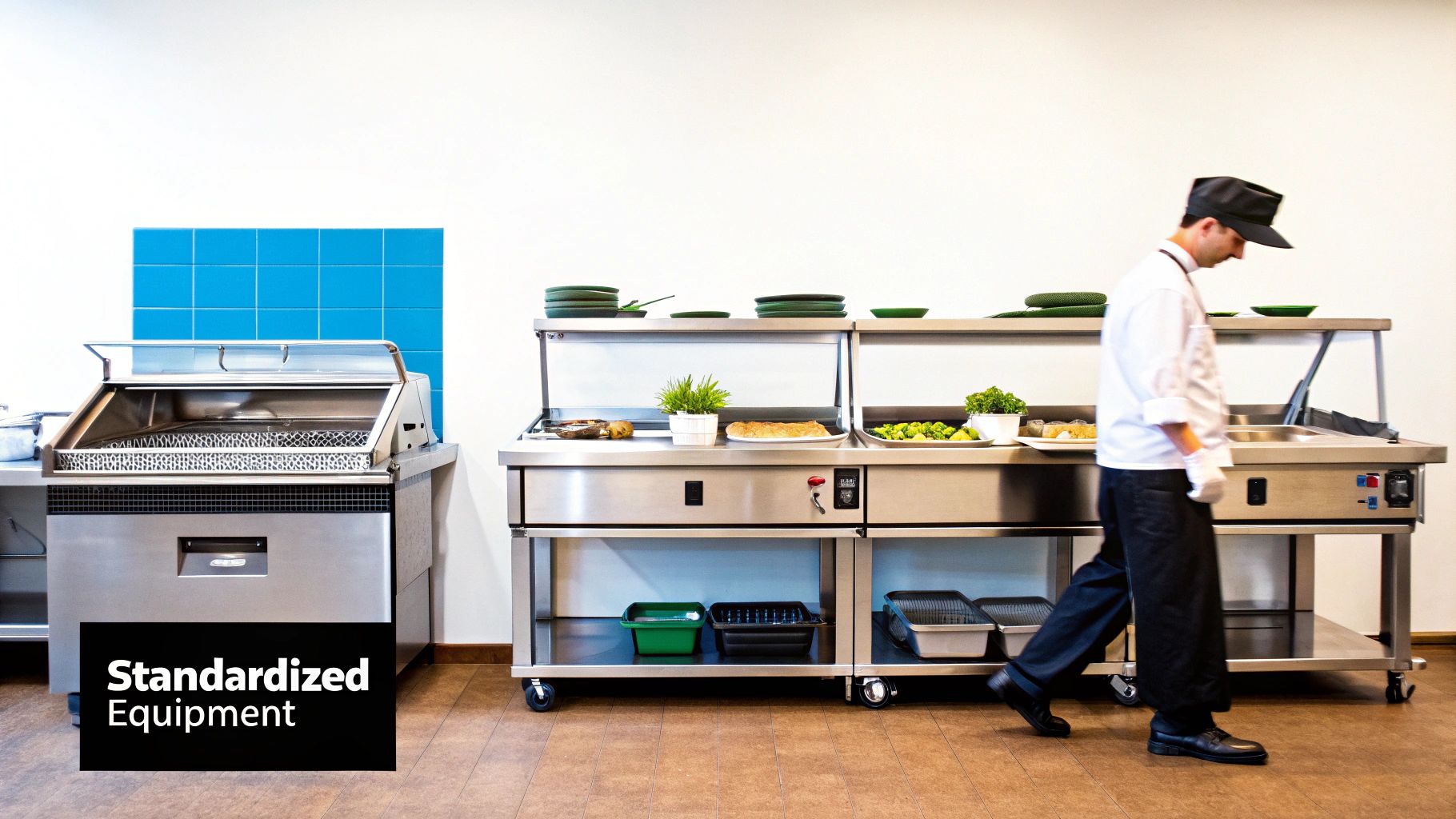 Chef walks past standardized stainless steel buffet and food service equipment in a commercial kitchen.