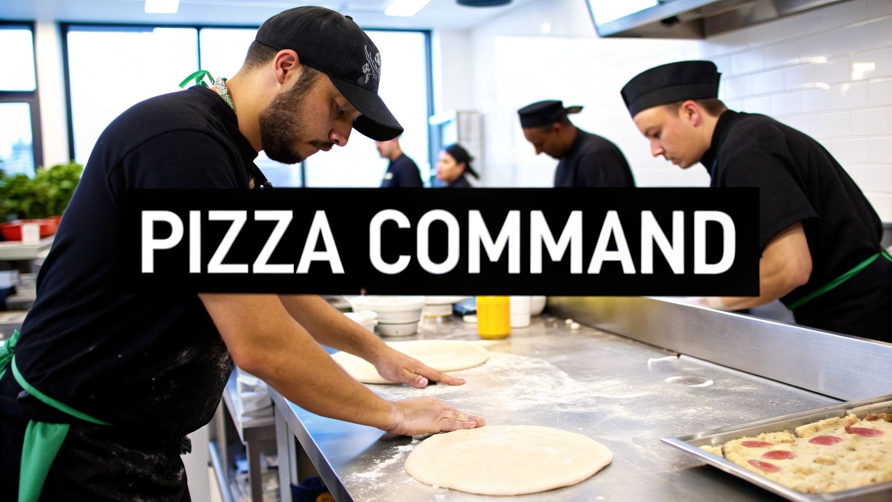 A chef preparing pizza on a stainless steel prep table in a professional kitchen.