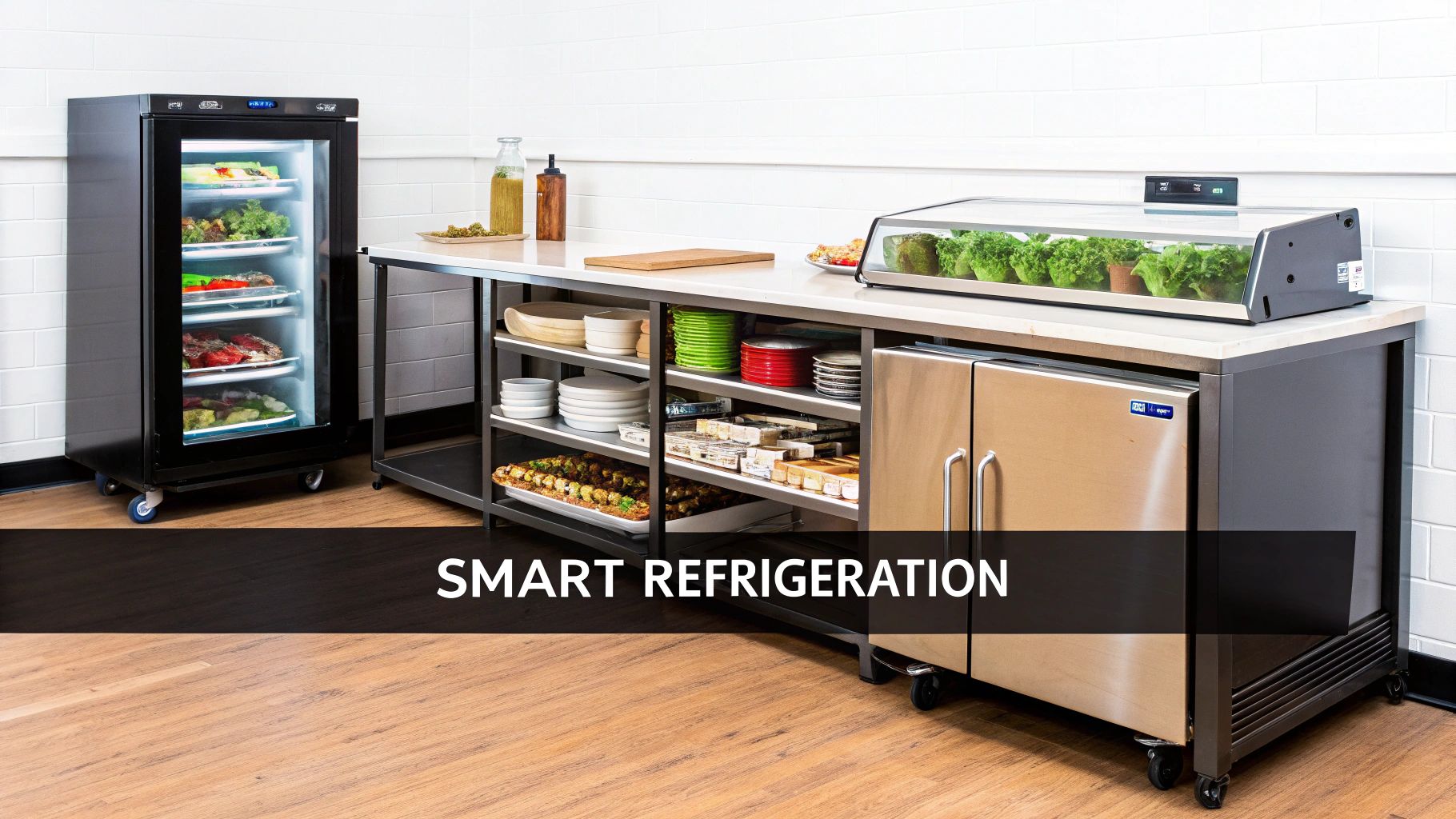A modern commercial kitchen with a tall display refrigerator, undercounter fridge, and food prep station.