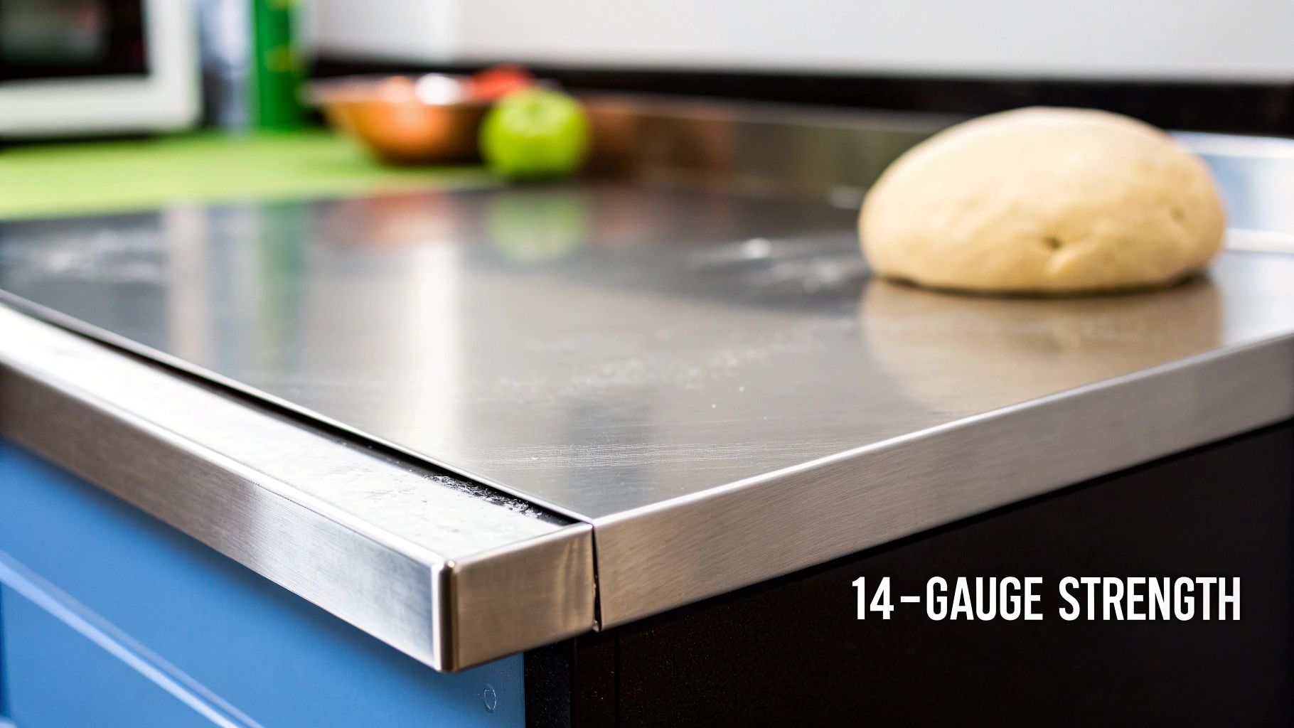 A close-up of a commercial stainless steel countertop showing a brushed finish and a cleanly welded corner seam, highlighting its durability for a pizza prep table.