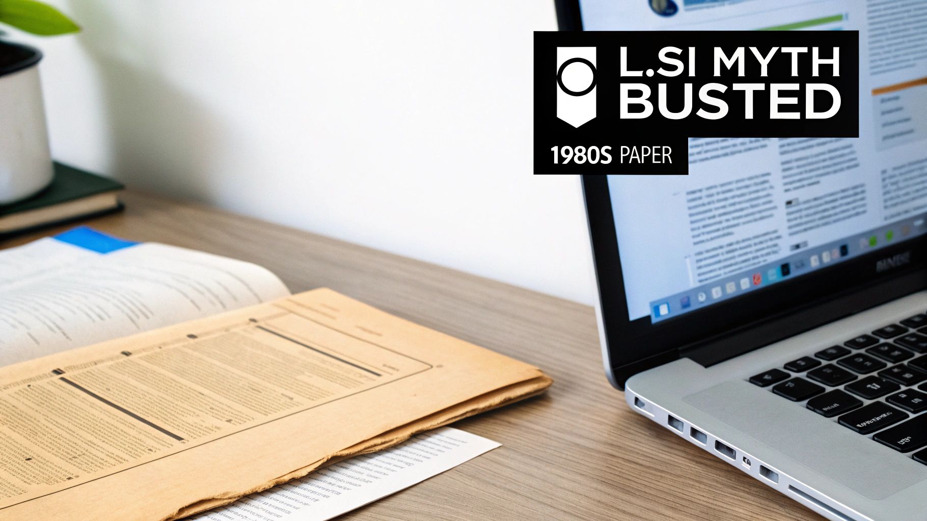 A workstation with a laptop displaying "L.SI MYTH BUSTED," alongside an open book and aged papers.