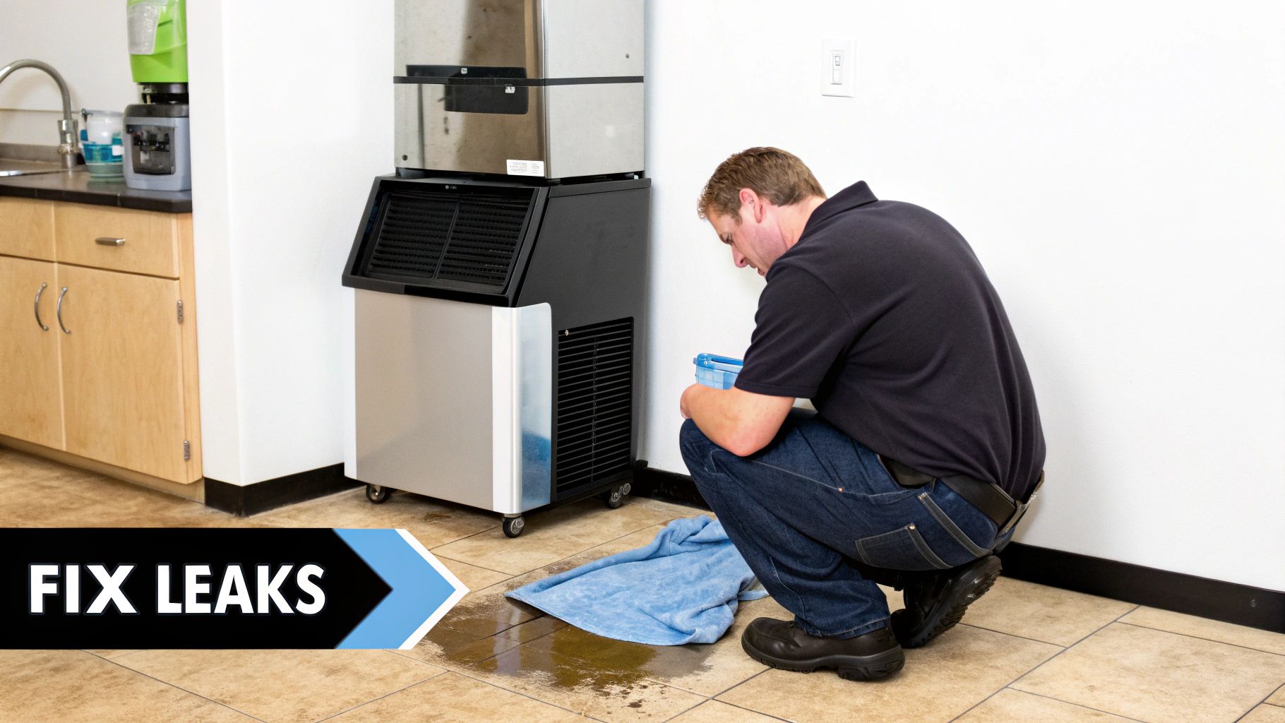 A man fixes a leak from a commercial ice machine, cleaning water off the tiled floor with a blue towel.