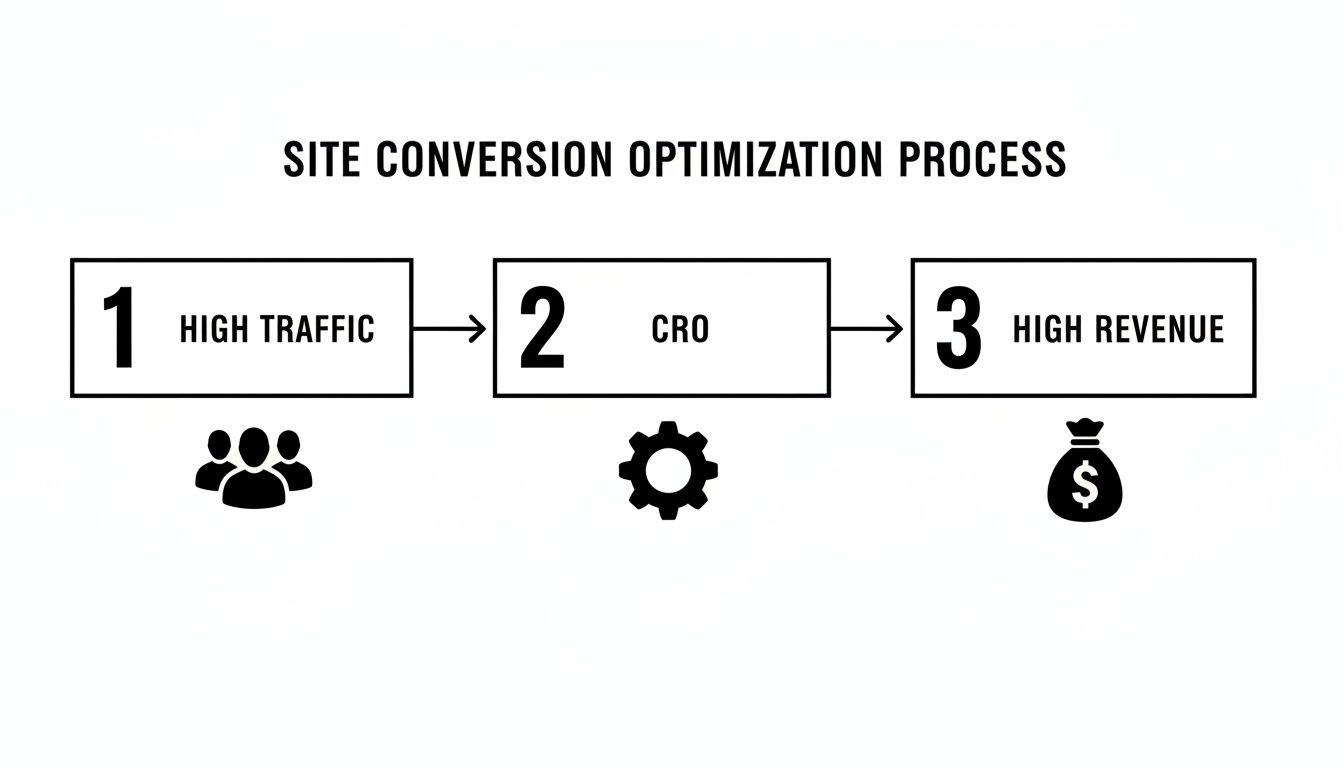 Flowchart showing the site conversion optimization process from high traffic to CRO to high revenue.