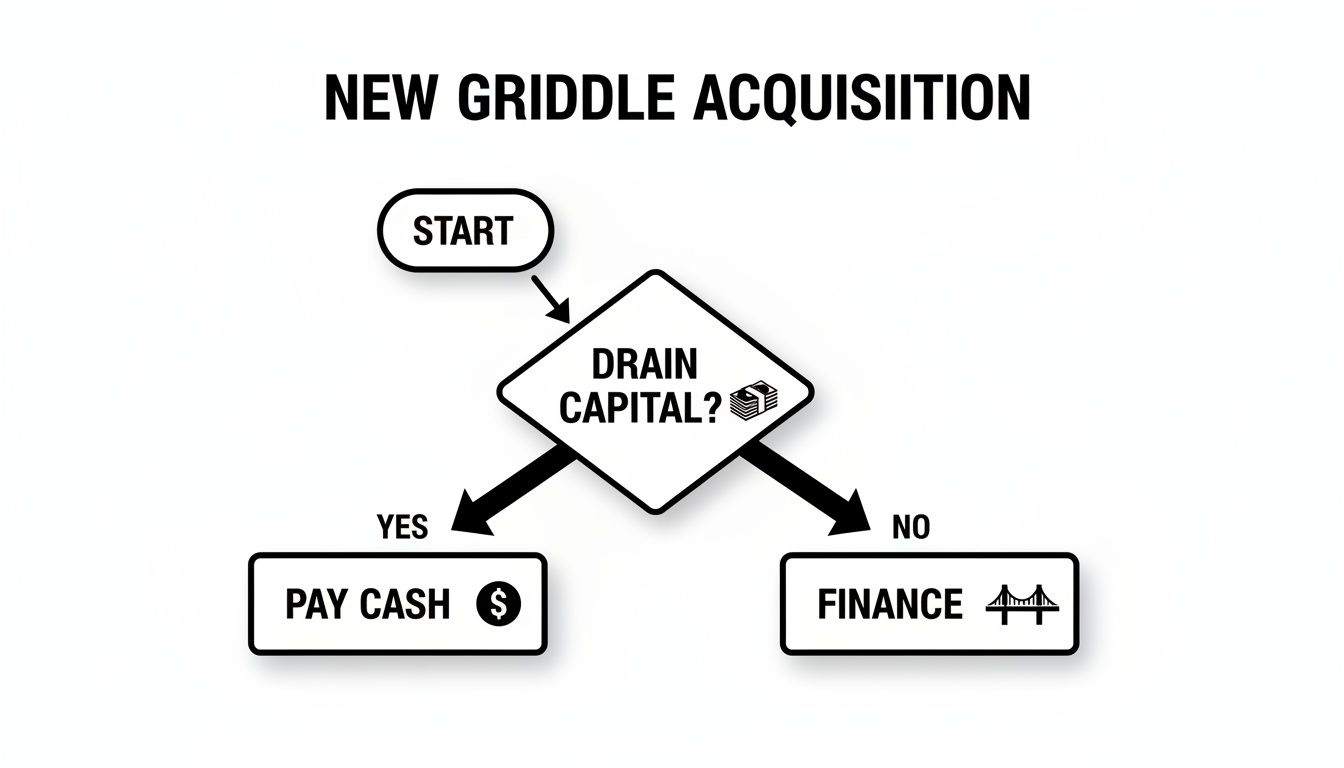 A flowchart illustrating the decision-making process for new griddle acquisition: pay cash or finance.