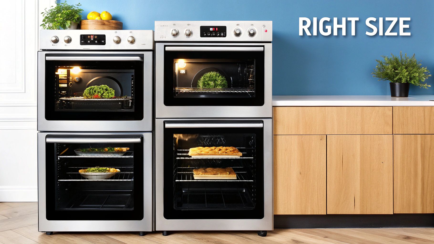 Stainless steel double ovens stacked in a modern kitchen, with various dishes cooking.