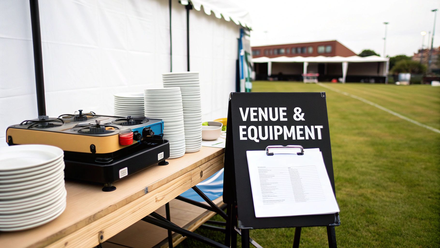 Outdoor event setup with a portable cooking unit, stacked white plates, and a 'Venue & Equipment' sign.