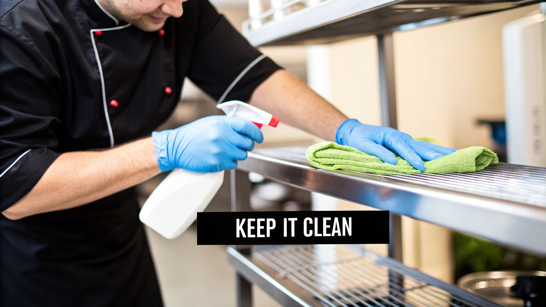 A gloved chef cleans stainless steel restaurant shelves with a spray bottle and a green cloth.
