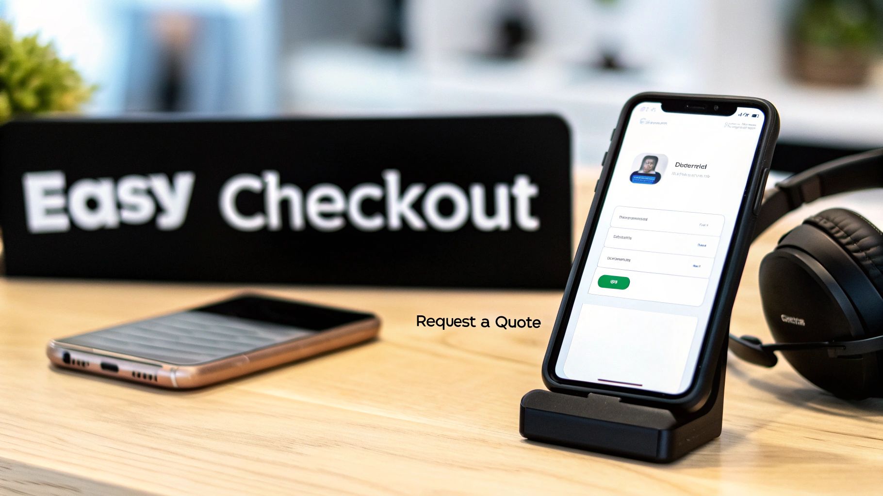 A black 'Easy Checkout' sign, a smartphone displaying a profile, and headphones on a wooden desk.