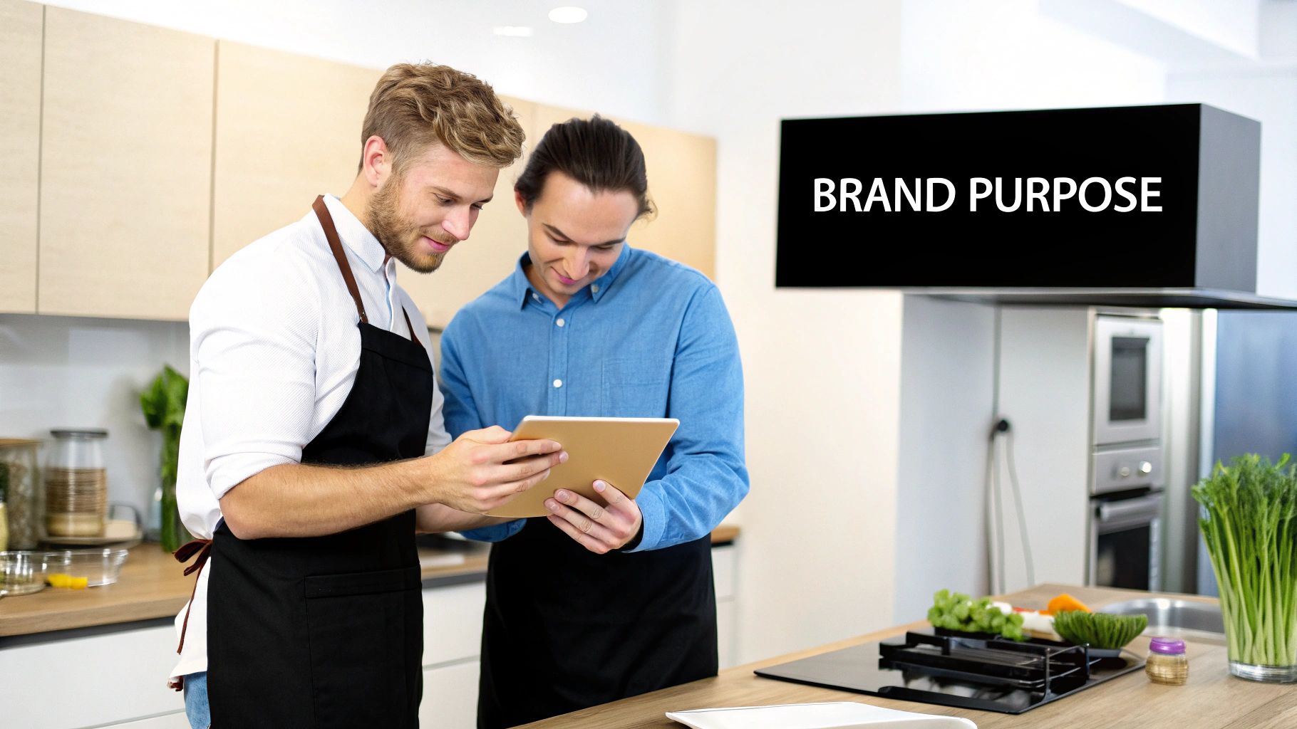 An overhead shot of a team collaborating on branding ideas with sticky notes and sketches on a large wooden table.