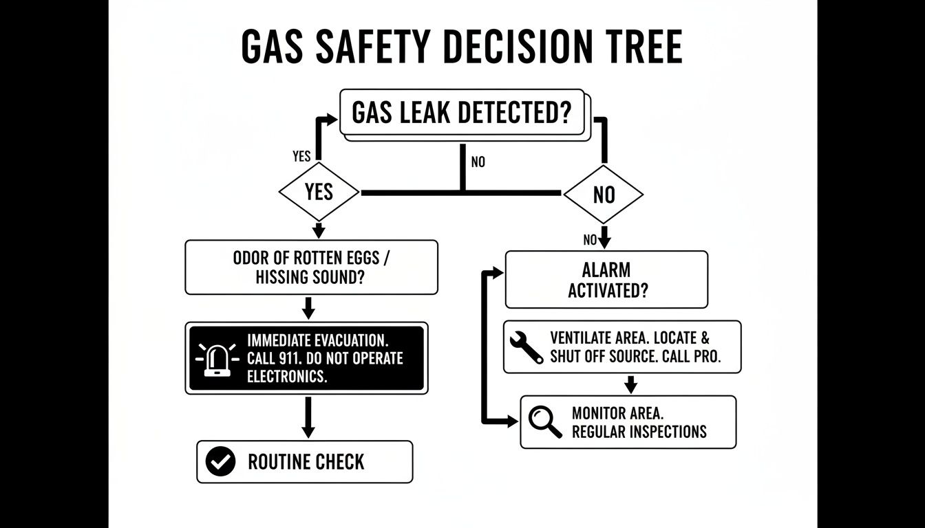 A gas safety decision tree flowchart outlines steps for gas leak detection, alarms, and routine checks.