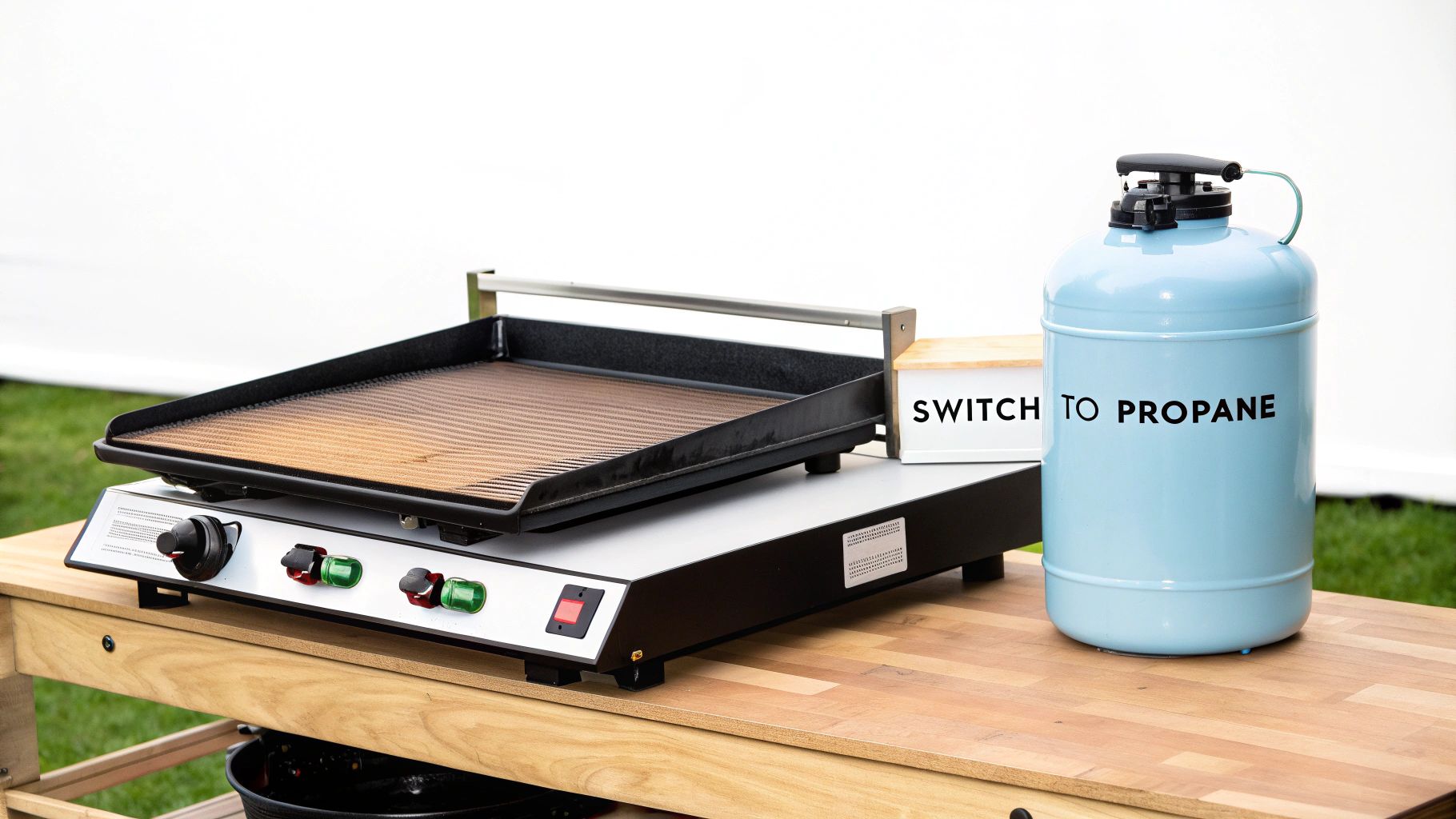 Outdoor cooking setup featuring a gas griddle and a blue propane tank on a wooden table.