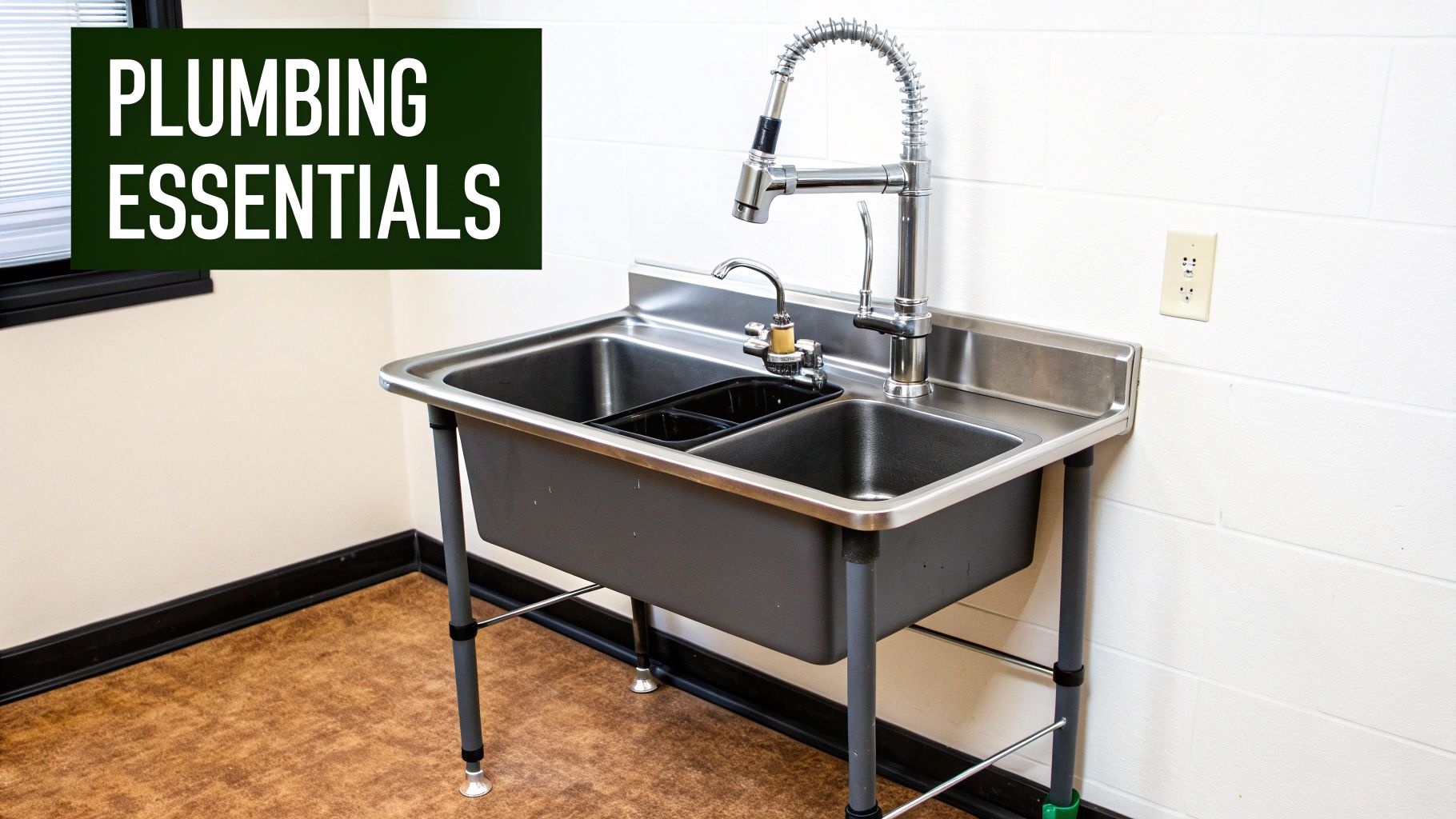 A stainless steel commercial two-compartment sink with a faucet and adjustable legs, labeled 'Plumbing Essentials'.