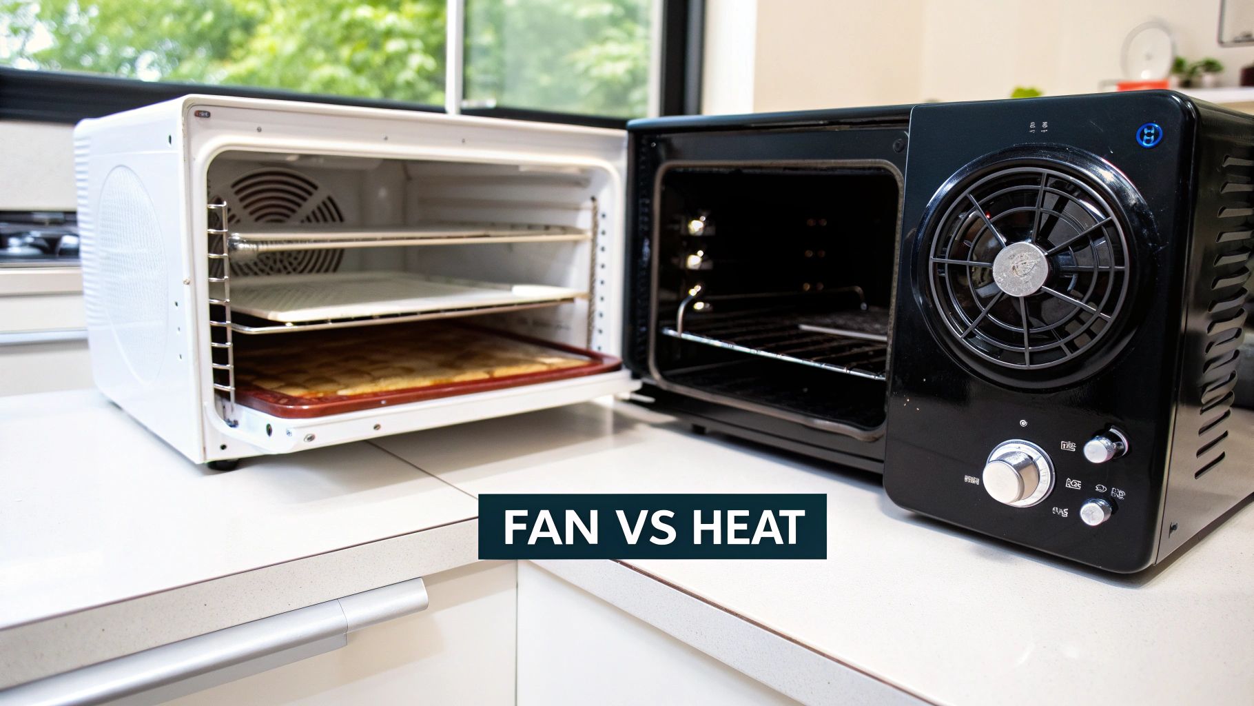 Two ovens, a white conventional and a black convection, sit on a kitchen counter, comparing fan vs heat baking.