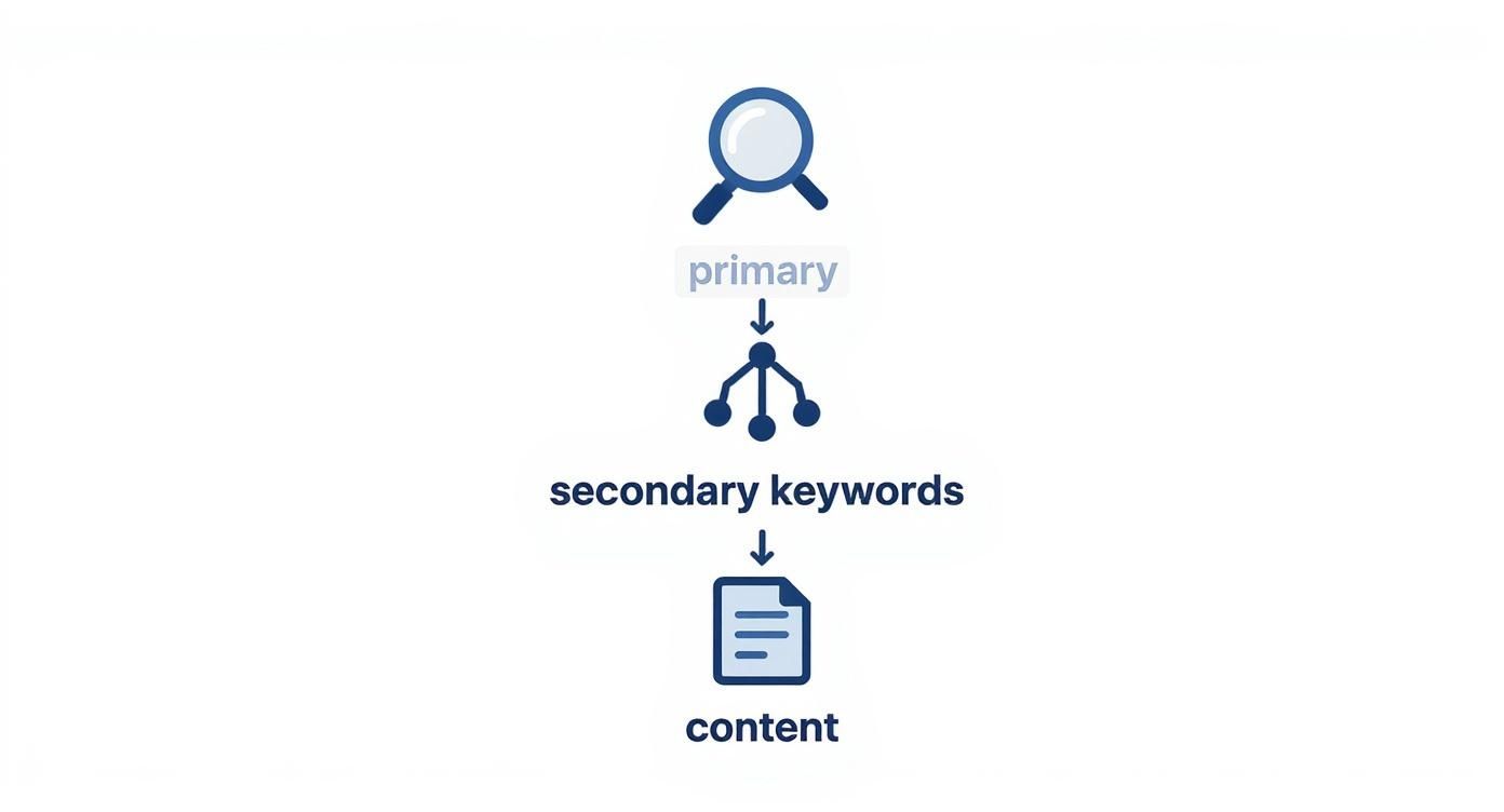 Flowchart illustrating the process from a primary keyword to secondary keywords and finally content.