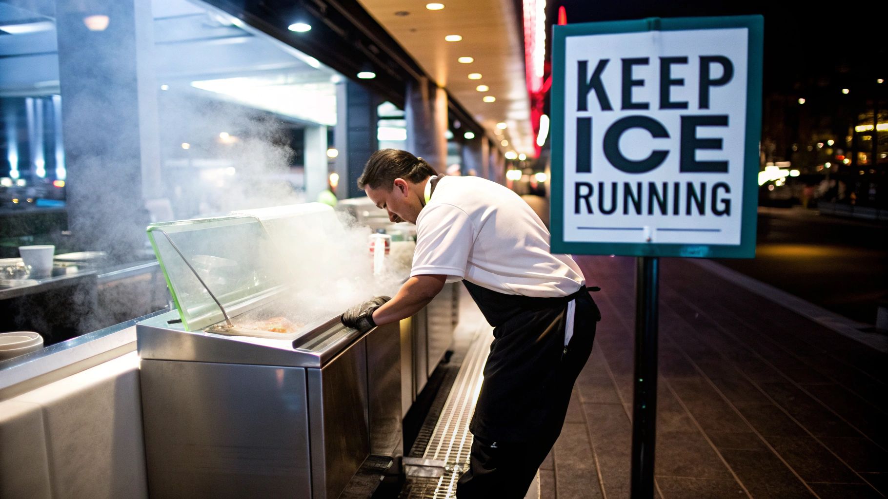 A chef in a white shirt and black apron cooks food outdoors, surrounded by steam, next to a 'Keep Ice Running' sign.