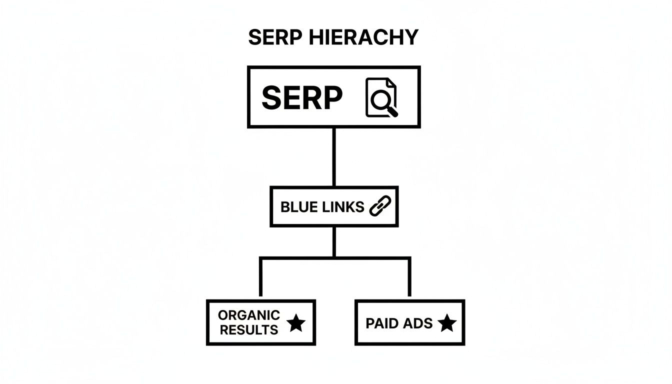 A SERP hierarchy diagram illustrating SERP at the top, leading to Blue Links, then branching to Organic Results and Paid Ads.