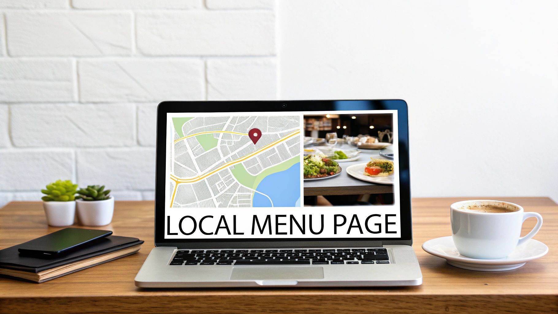 Laptop displaying a local menu page with a map, food images, coffee, and notebooks on a wooden desk.